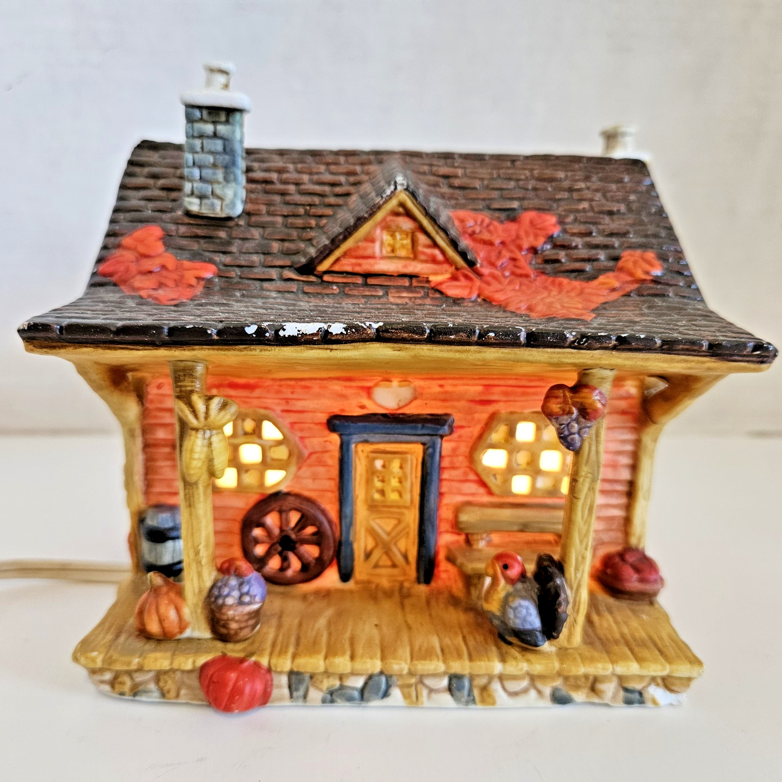 Vtg Rite Aid Harvest House Cabin Porcelain Lighted Fall Thanksgiving Village 5in