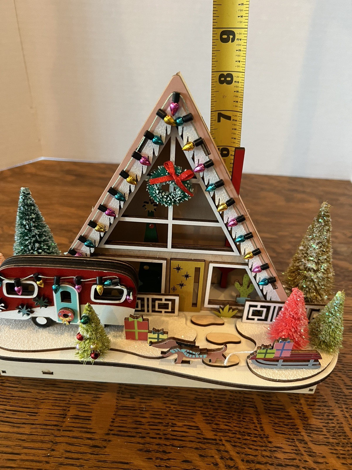 World Market 2024 MCM Lighted Wood Cut A-Frame Christmas Holiday House. RV. Dog
