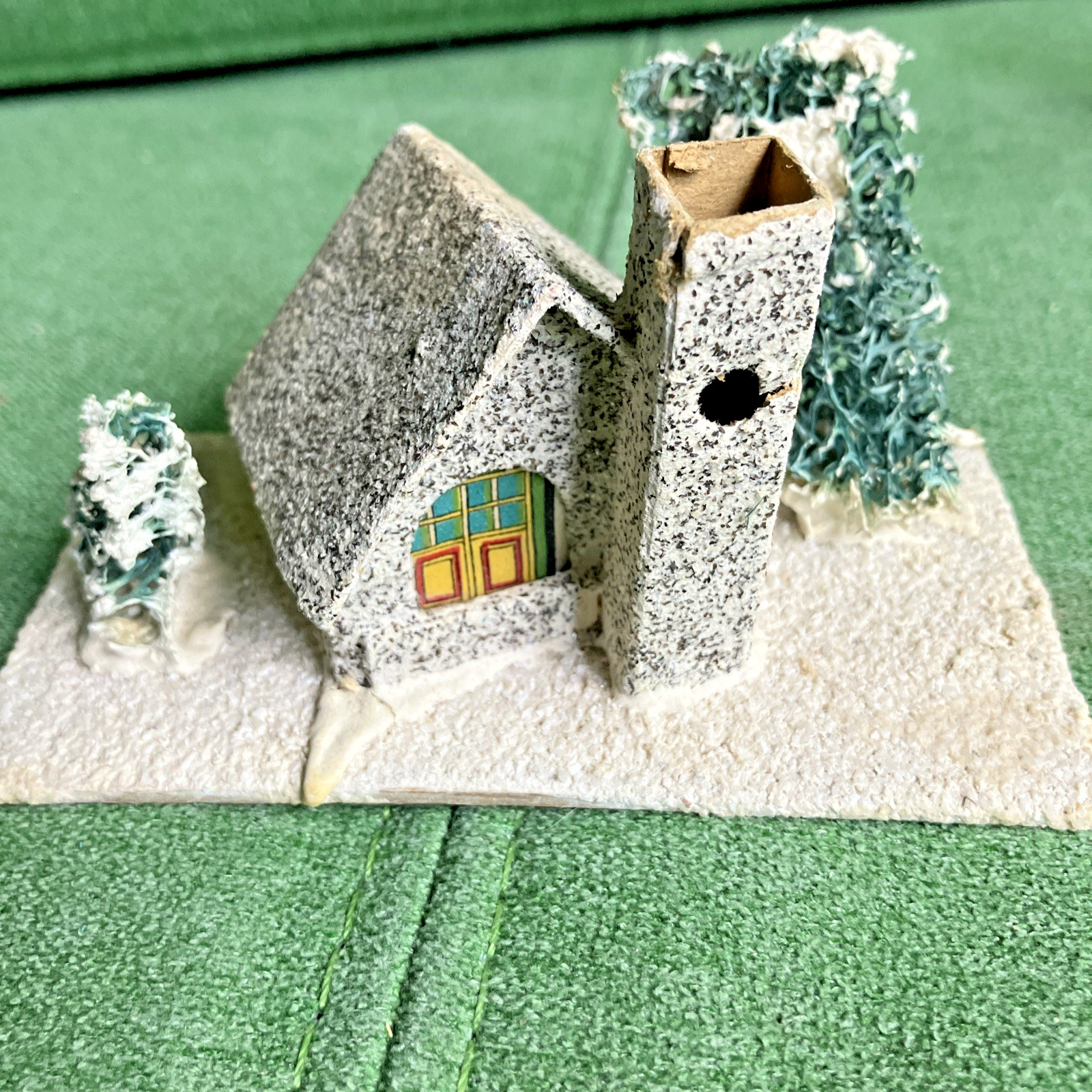 3 VTG Christmas Putz Houses, Cardboard w Mica Glitter, Windows, Trees