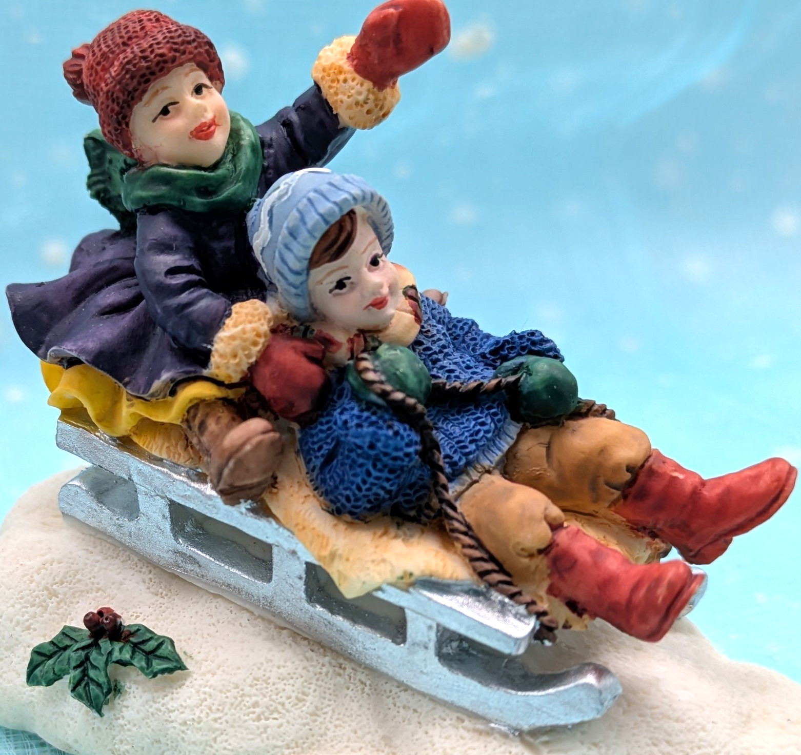 Sledding children boy girl sled Christmas Village Figurine NO BOX INV617