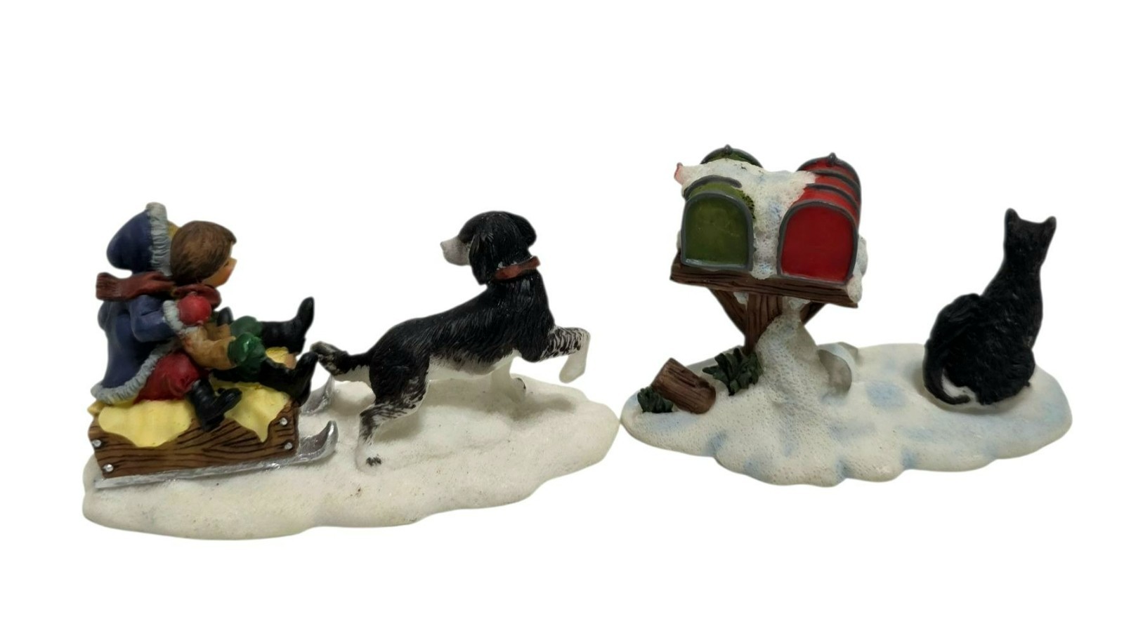 VTG O’Well Sled Dog Kids Puppy Mailbox Christmas Village Figurine Set Boy Girl