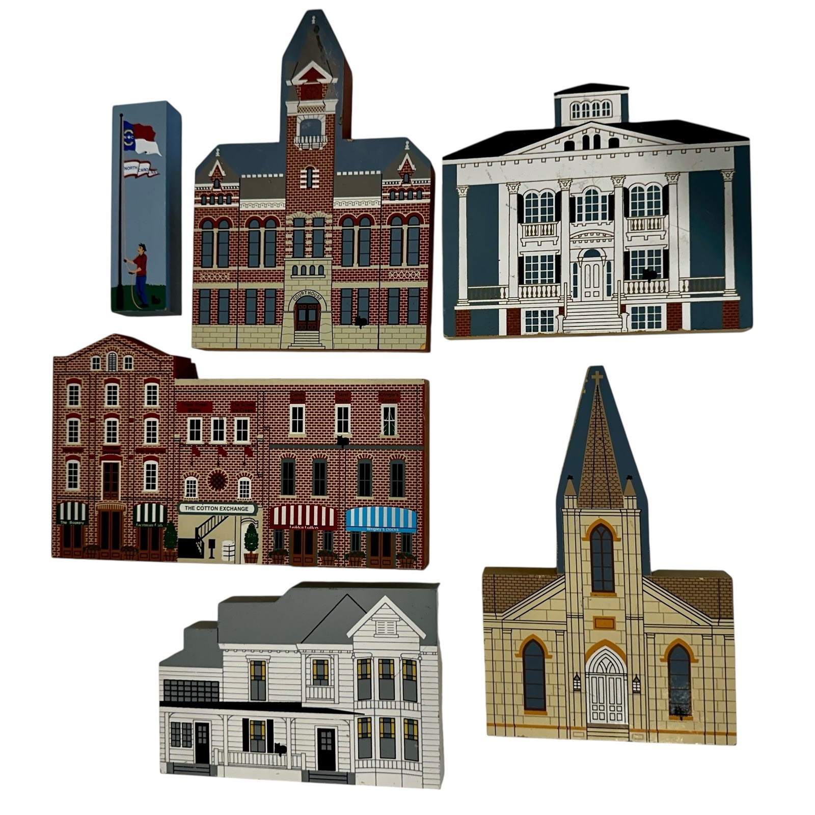 The Cat’s Meow Lot Of 6 North Carolina Flag Church Cotton Shelf Sitter Folk Art