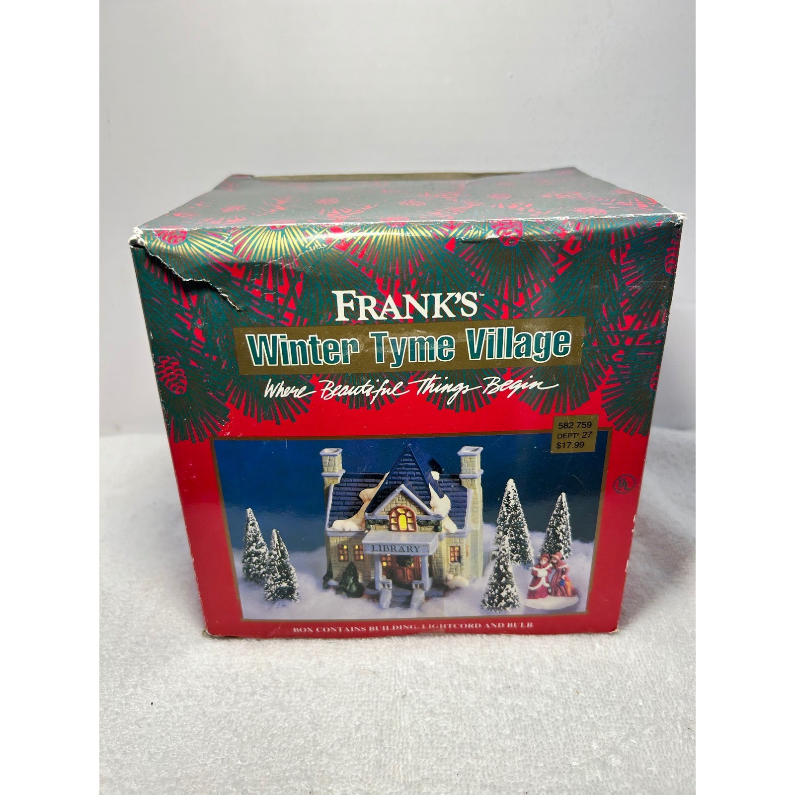 Franks Winter Tyme Village Library Porcelain Lighted Christmas Building Green