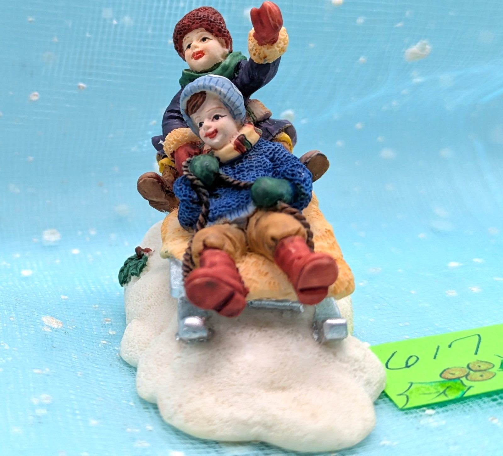 Sledding children boy girl sled Christmas Village Figurine NO BOX INV617