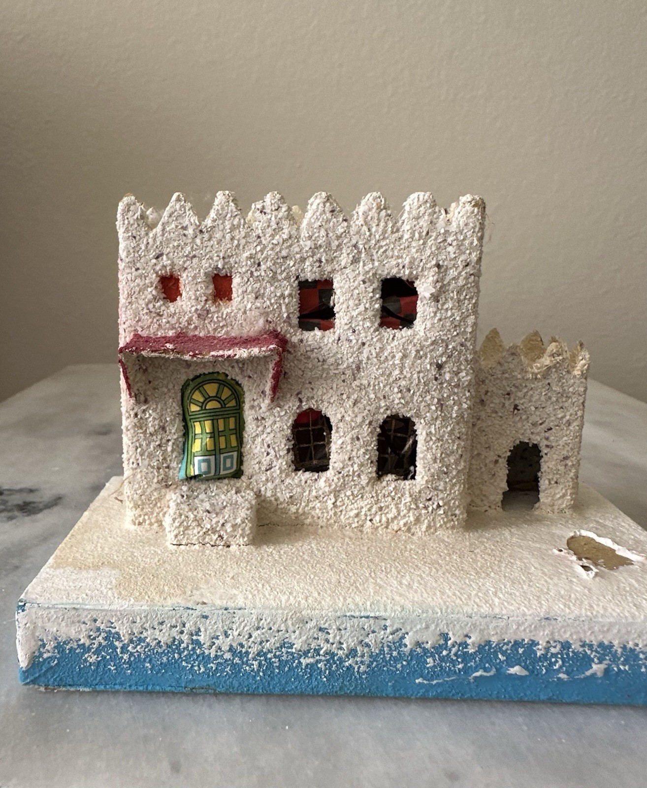 HTF VTG Japan Castle Putz House Christmas Village Blue Base Pink Awning c1950s