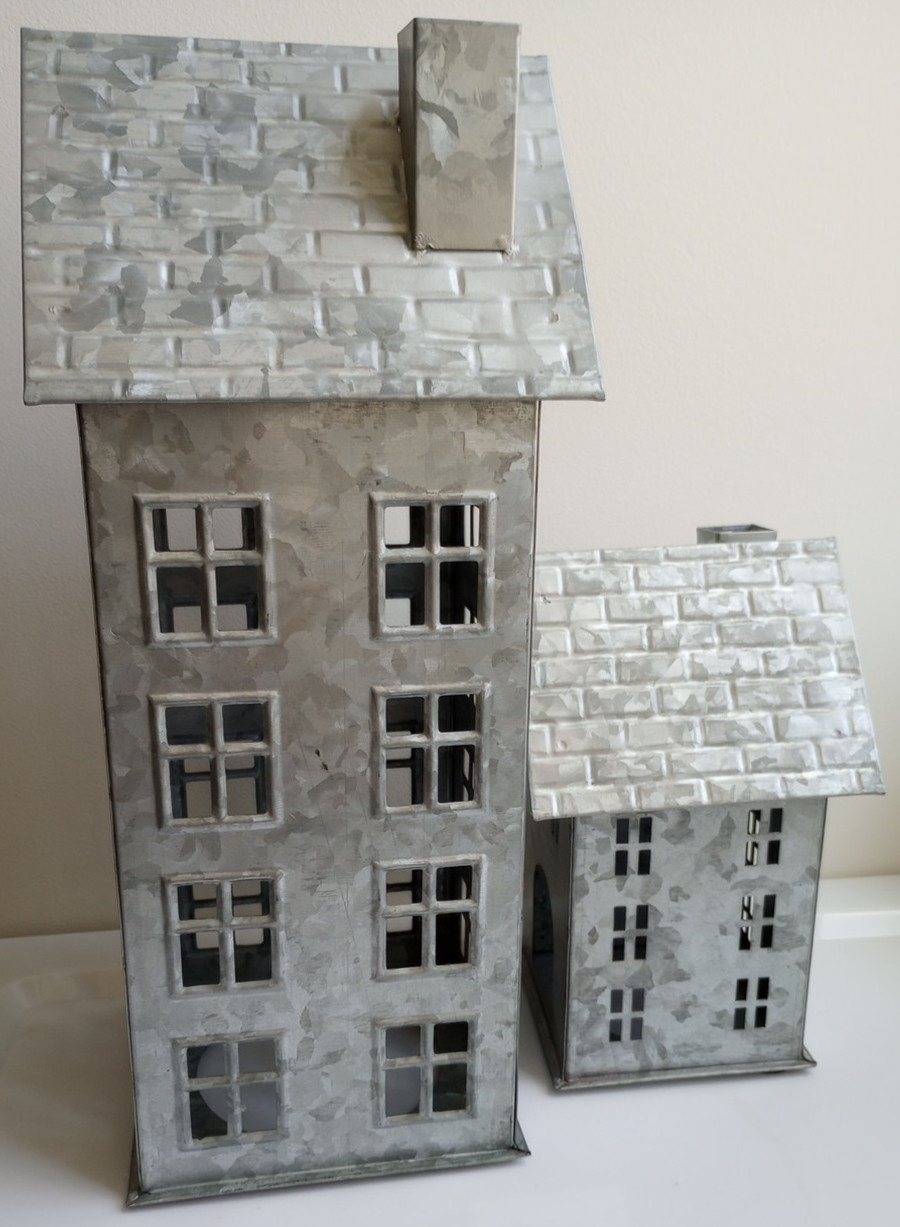 Pottery Barn Galvanized Village House Set of 2 lot retired rustic candle holders