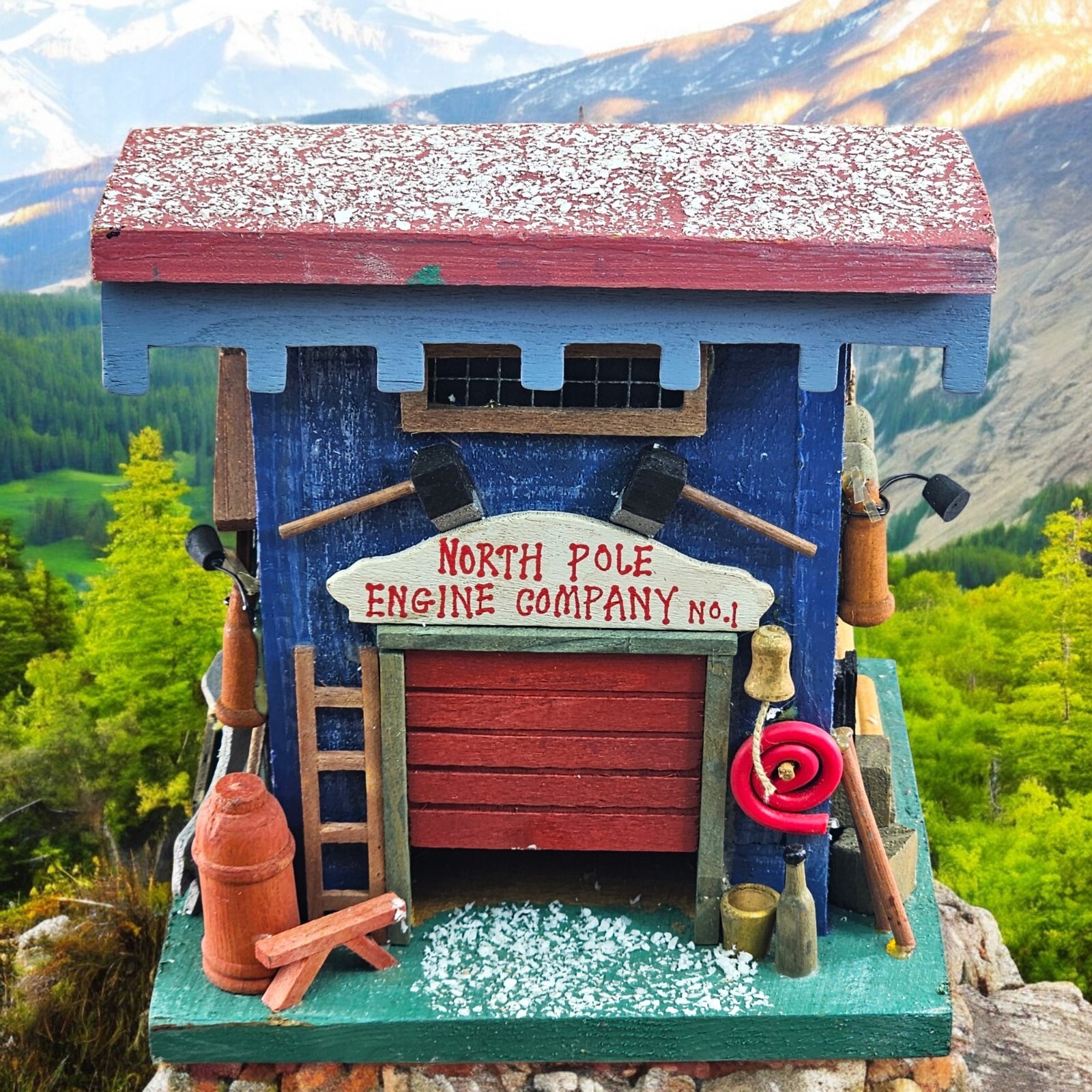VTG Christmas Village House Rustic Wooden Snow Covered North Pole Fire Engine Co
