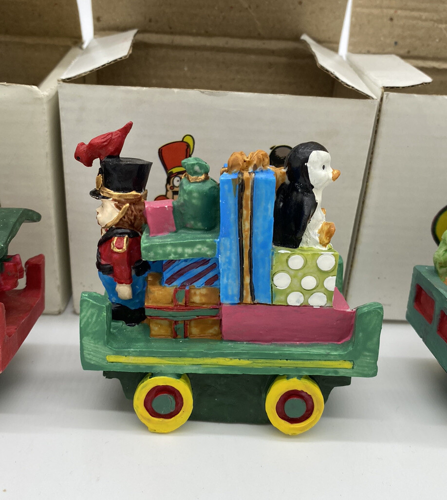 4 Piece Vintage Ceramic Christmas Train Set Santa Bear Toys Penguin Reindeer