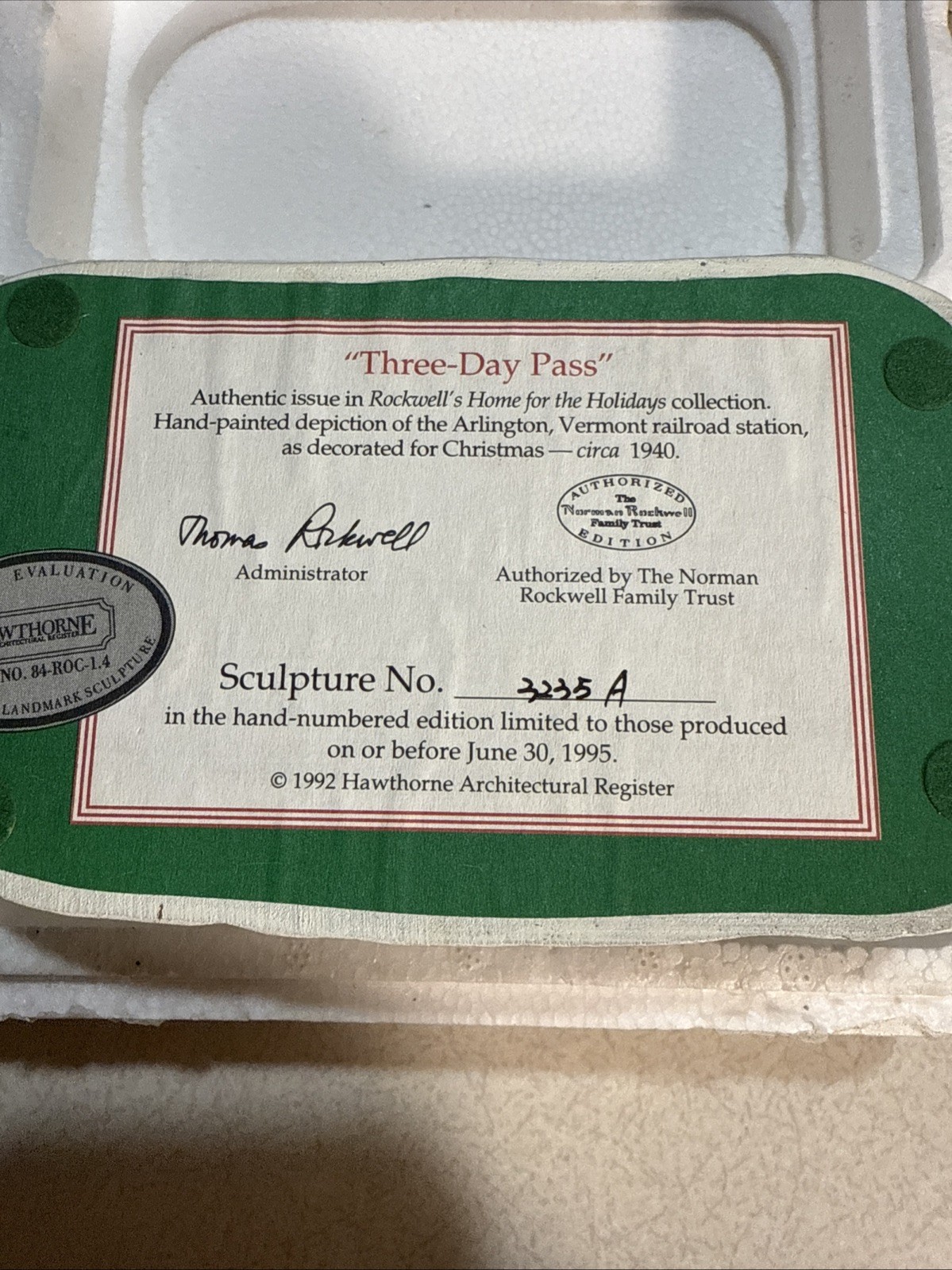 Three Day Pass Hawthorne Architectural Register – With Box And Paper Work