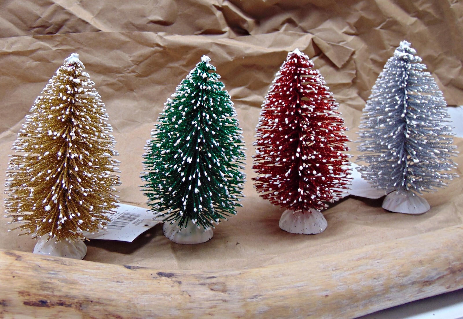 Set 4 Glitter + Snow Frosted Bottle Brush CHRISTMAS Trees 5″ Tall (SIsal style)
