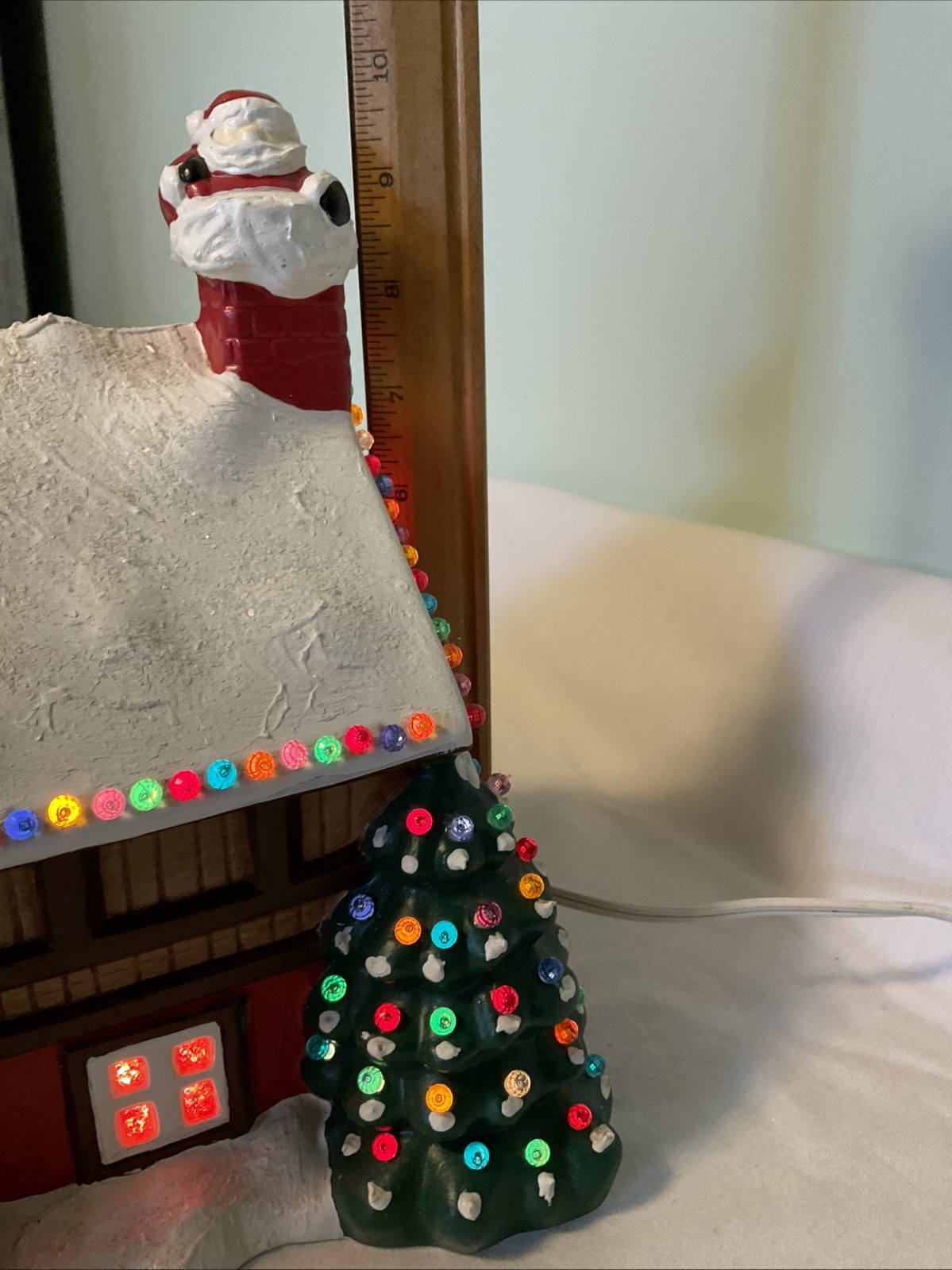 Vintage Ceramic Light Up Christmas Chalet House Cabin w Santa & Trees