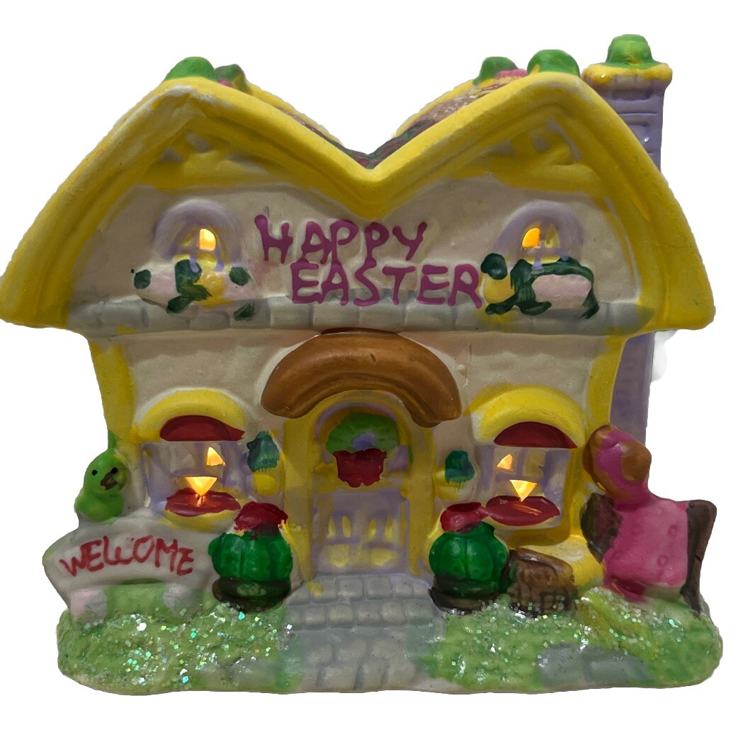 Mini Easter Village Lighted Porcelain Happy Easter House 4×3.5 Inch Multi Color