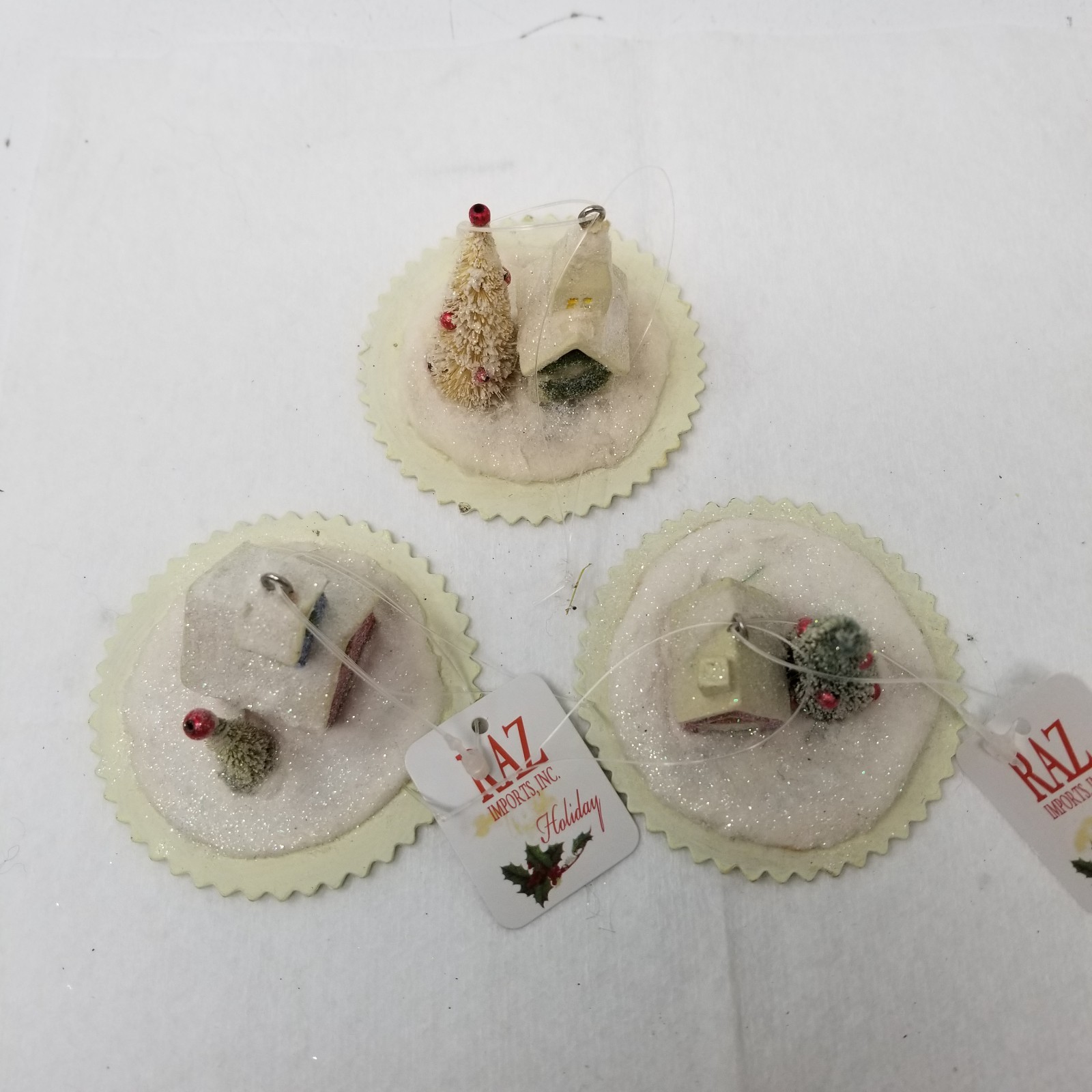 RAZ Snow Village Miniature House Bottle Brush Tree Glitter Scene Set of 3 Vtg