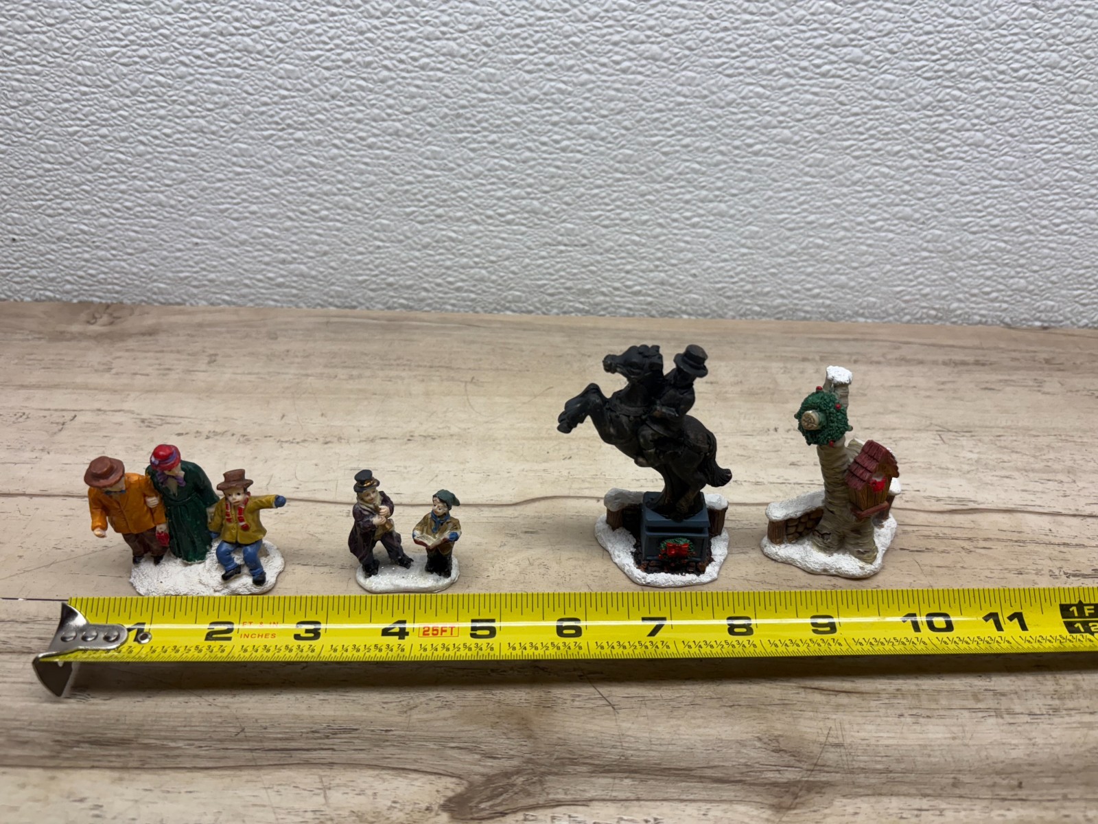 Christmas Village Figurines Set Of 4 People Horse Statue Rider & Bird House Tree