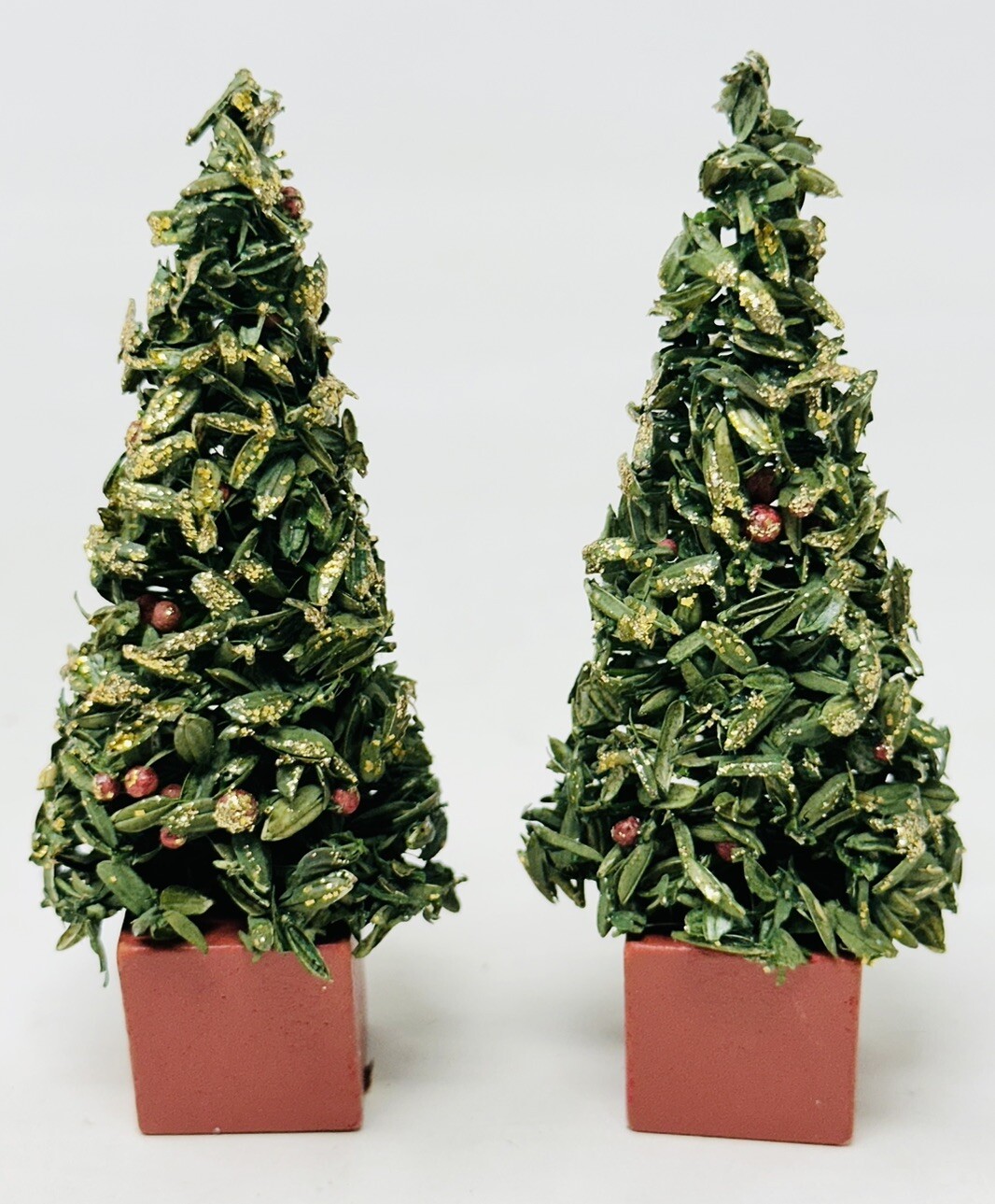 2 Vintage Christmas Village Potted Trees Made In Taiwan Topiary 3.75”