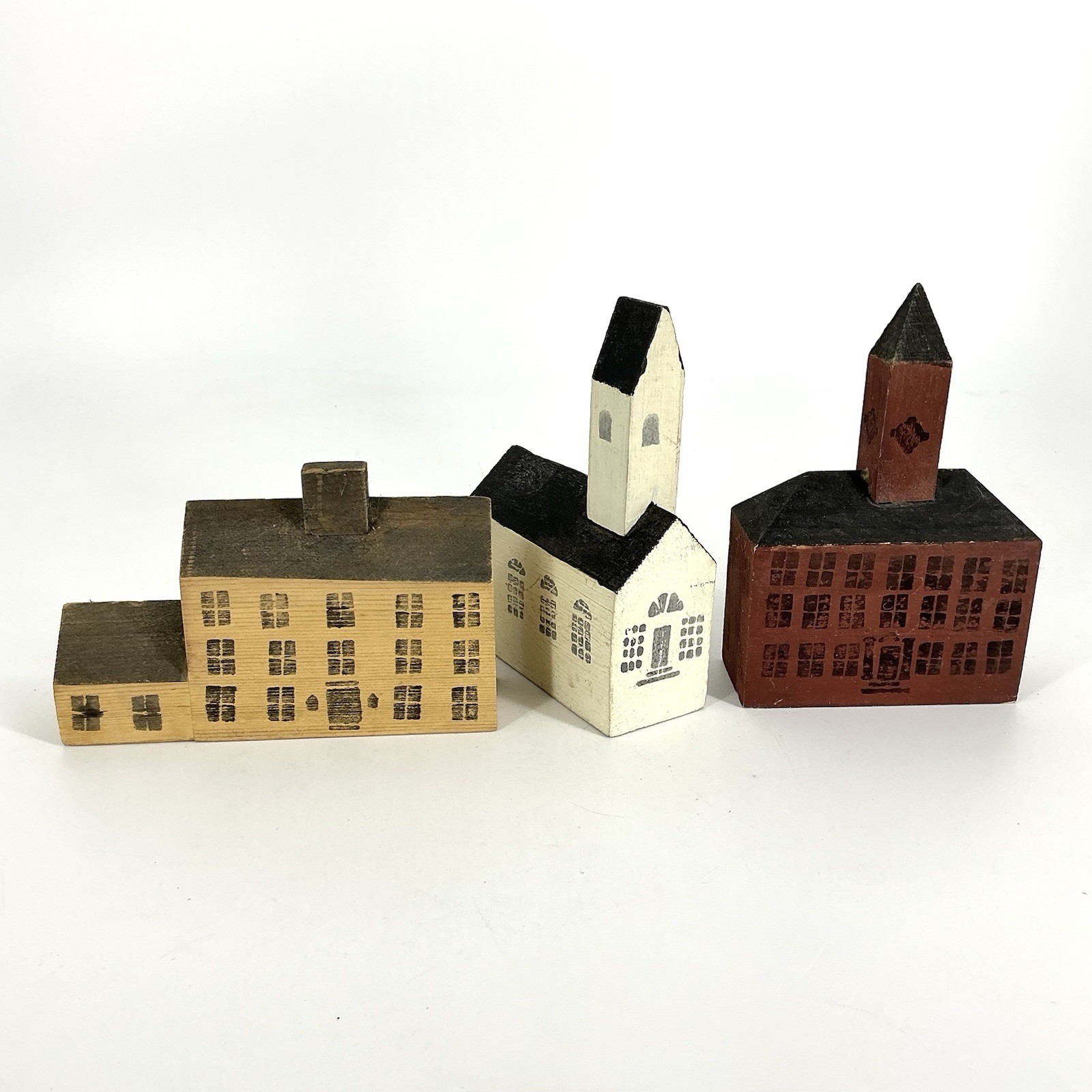 Primitive Folk Art Wood Block Village Houses Buildings 3 Pcs Handmade Vintage