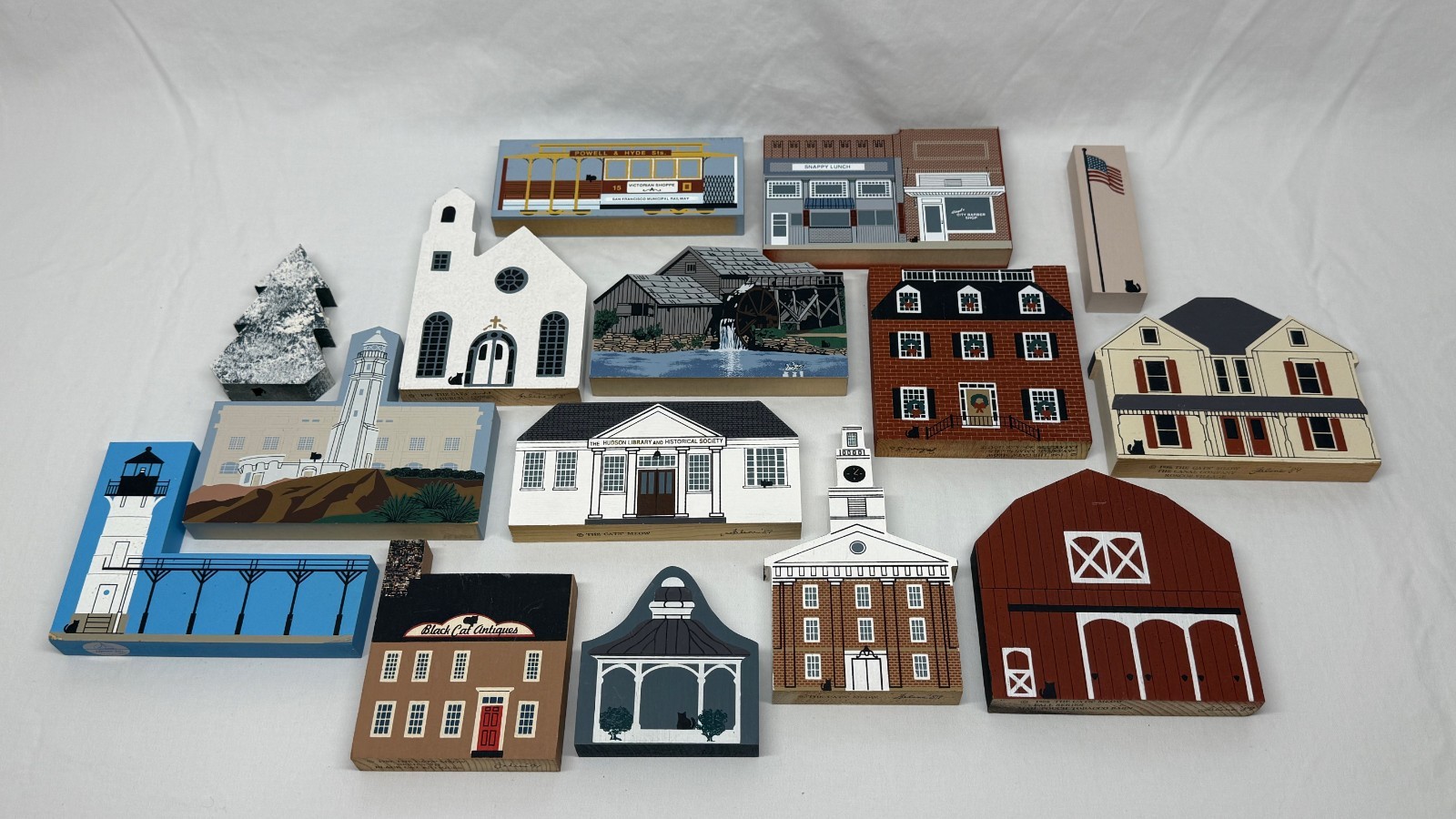 The Cat’s Meow – Lot of 15 Wooden Village Painted Landmarks & Buildings