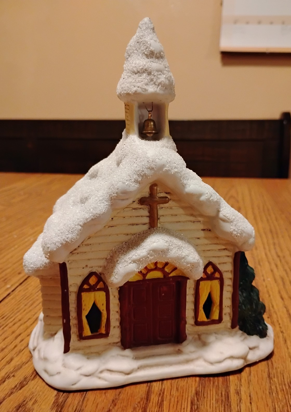 8″ Russ Ceramic Glitter Snow Church Ceramic Christmas Village Bell in Tower