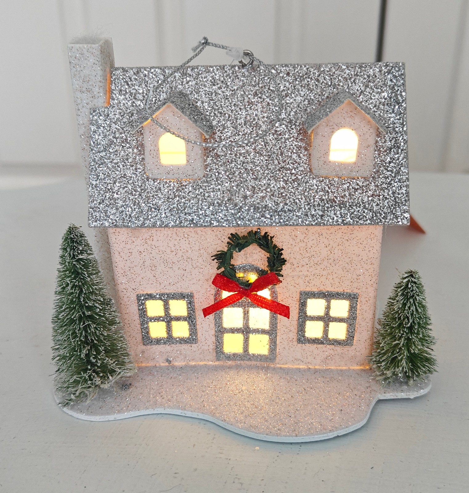 New Glitter House lights Christmas Winter Bottle brush trees Table top Ornament