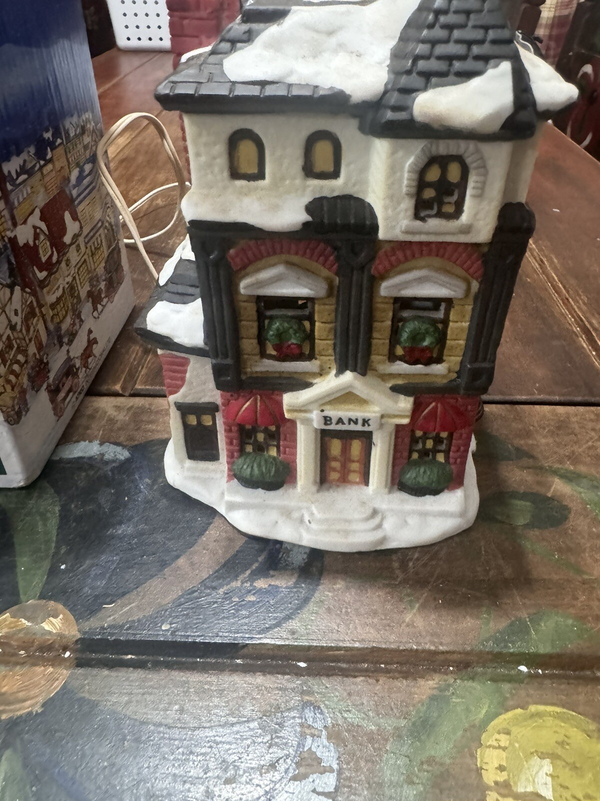 VTG Winter Valley Cottages Villages “Bank” Original Box Christmas Lights Up