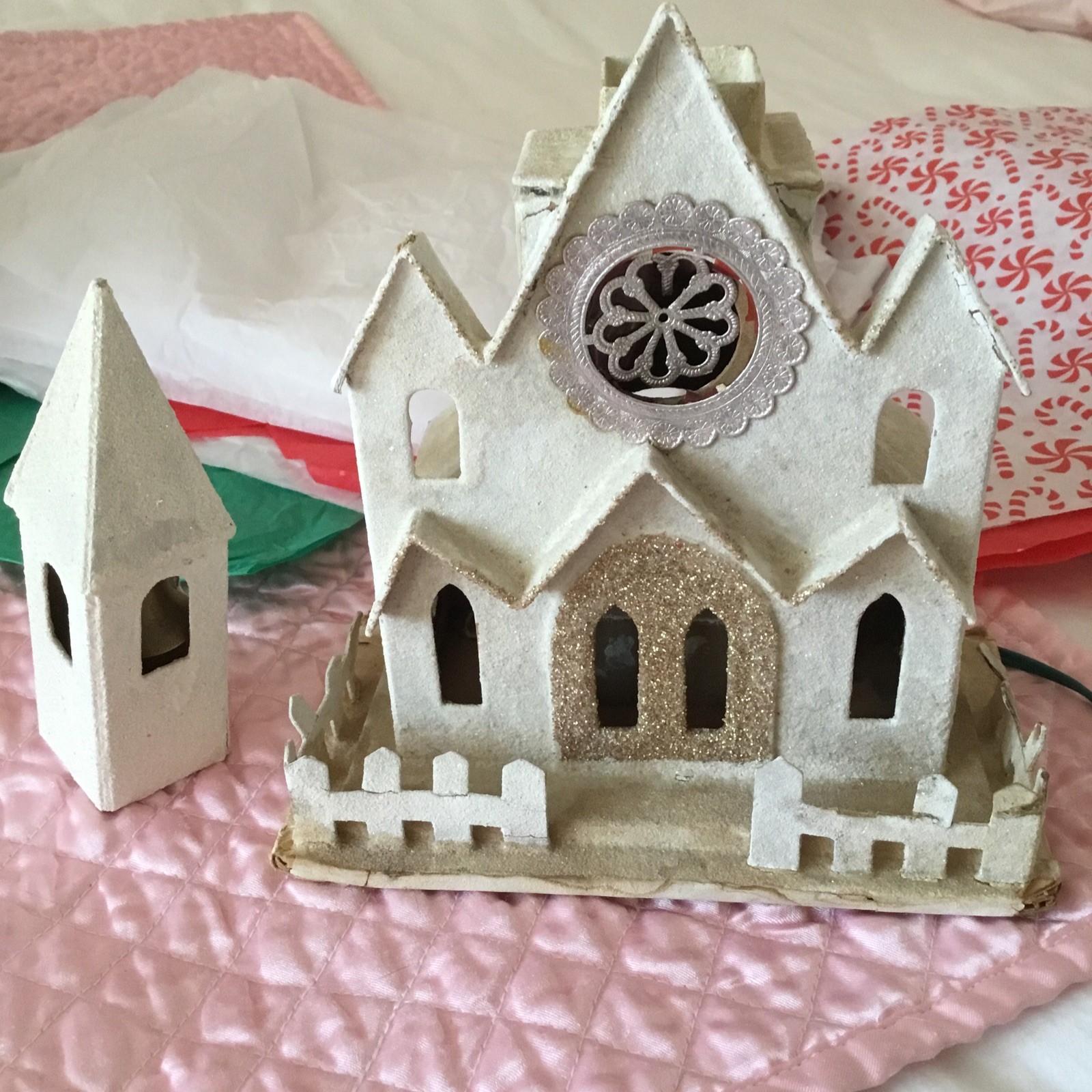 Vintage Christmas Putz Cardboard Light Up Church With Steeple 11” Tall AS IS