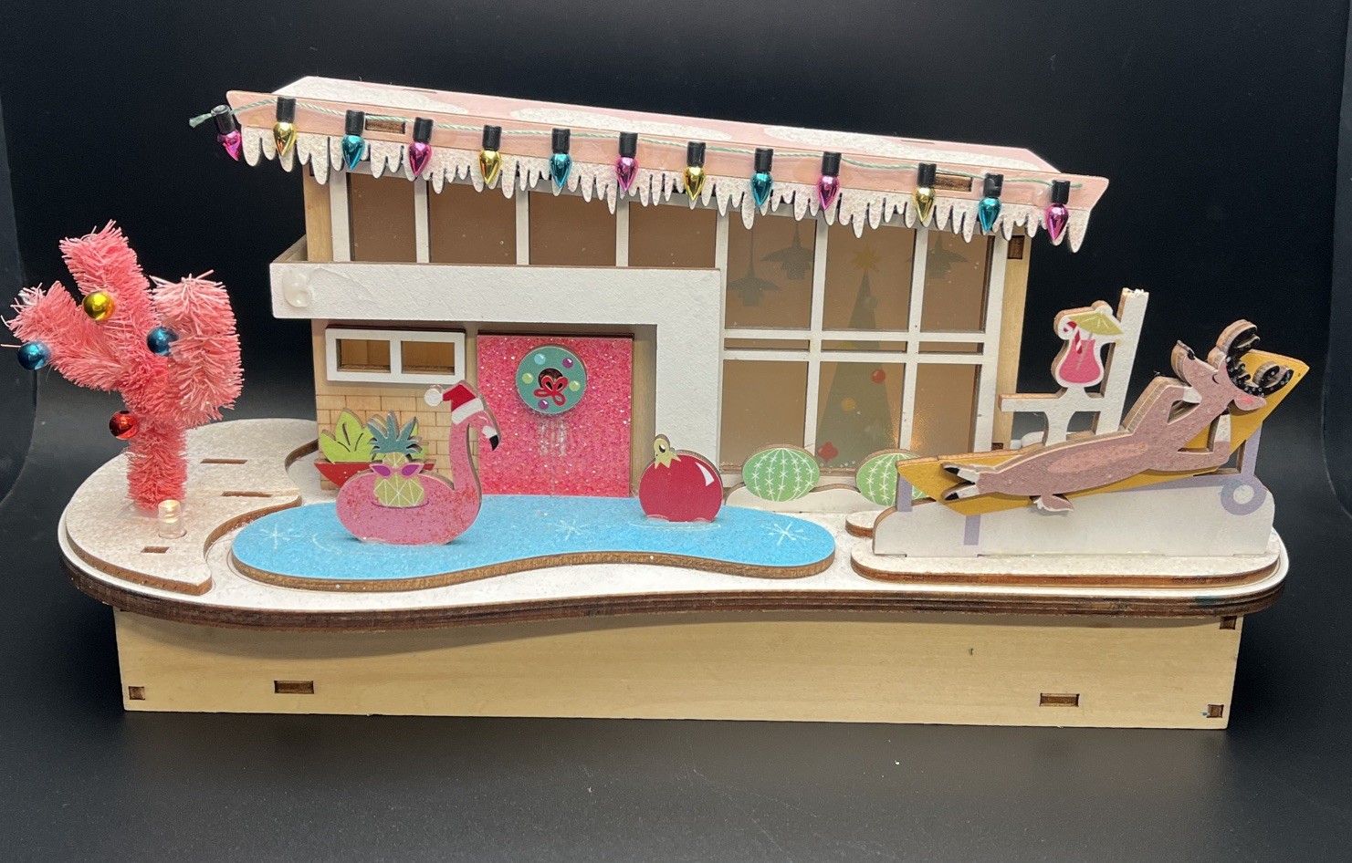 World Market 2022 Lighted MCM Wood Cut Christmas House Flamingo Pool Cactus NTN