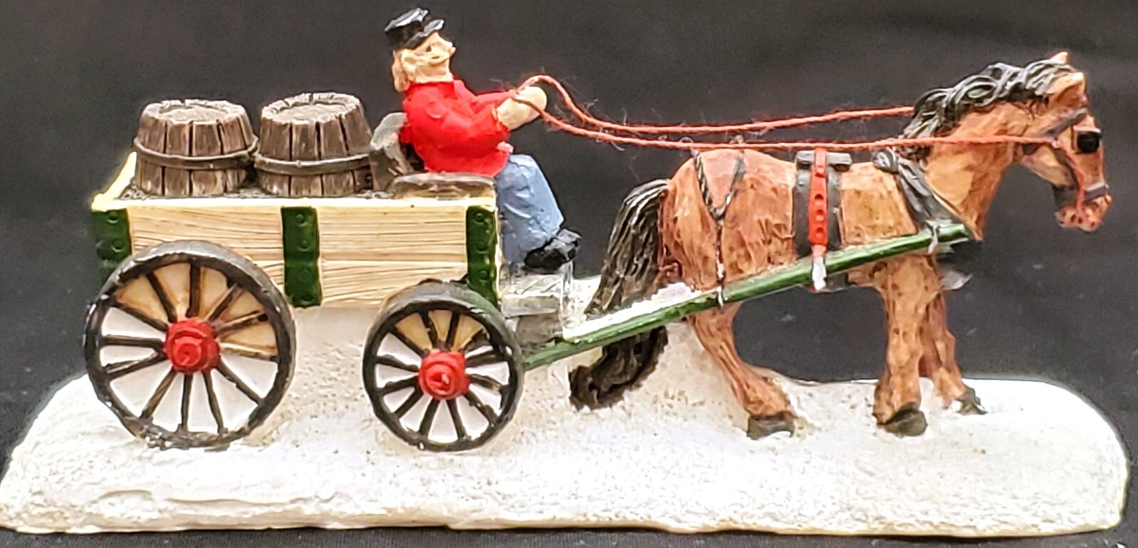 Horse pulling man in wagon full of barrels small scale Christmas Village figure