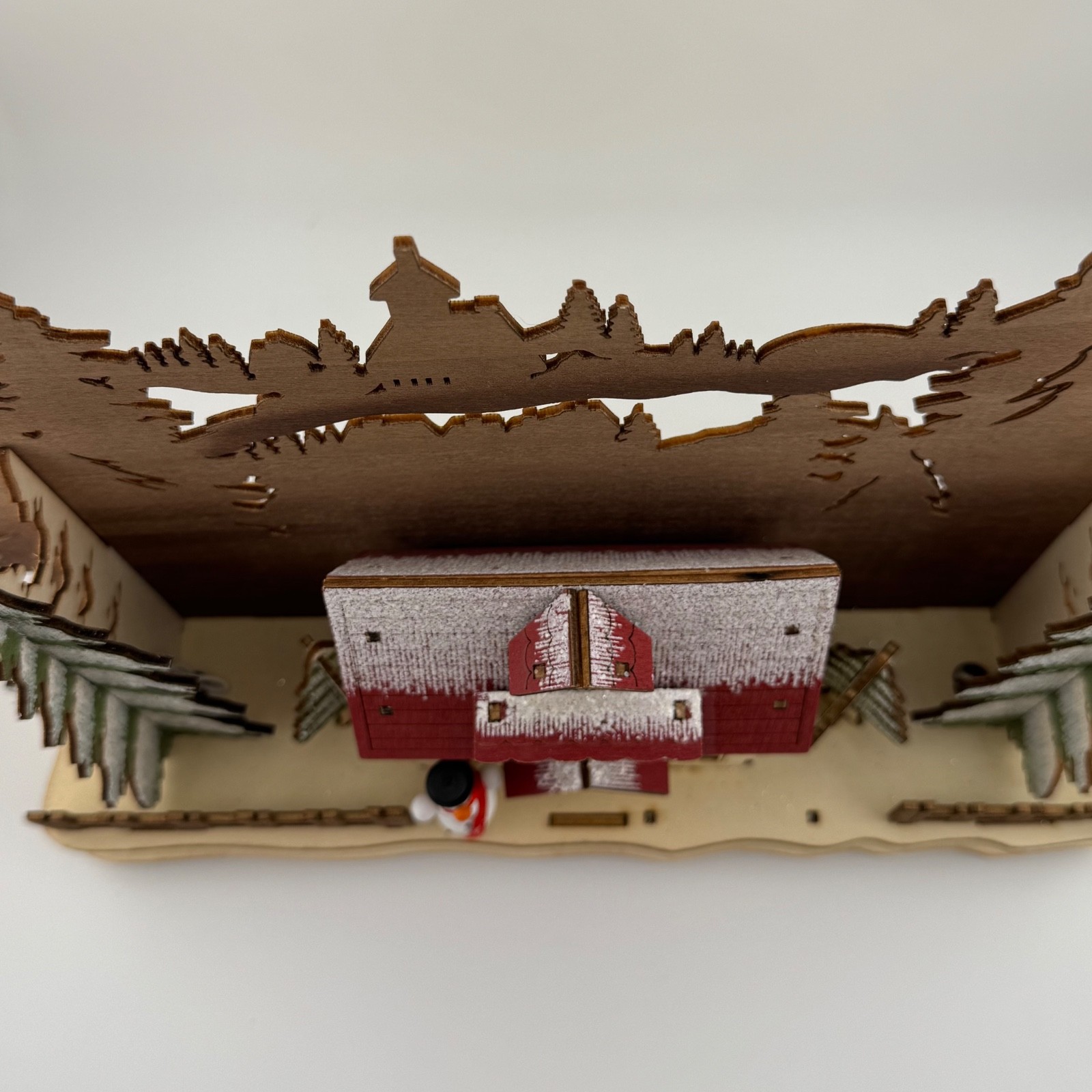 Laser Cut Wood 3D Lighted Christmas Scene Snowman Cottage Trees Musical