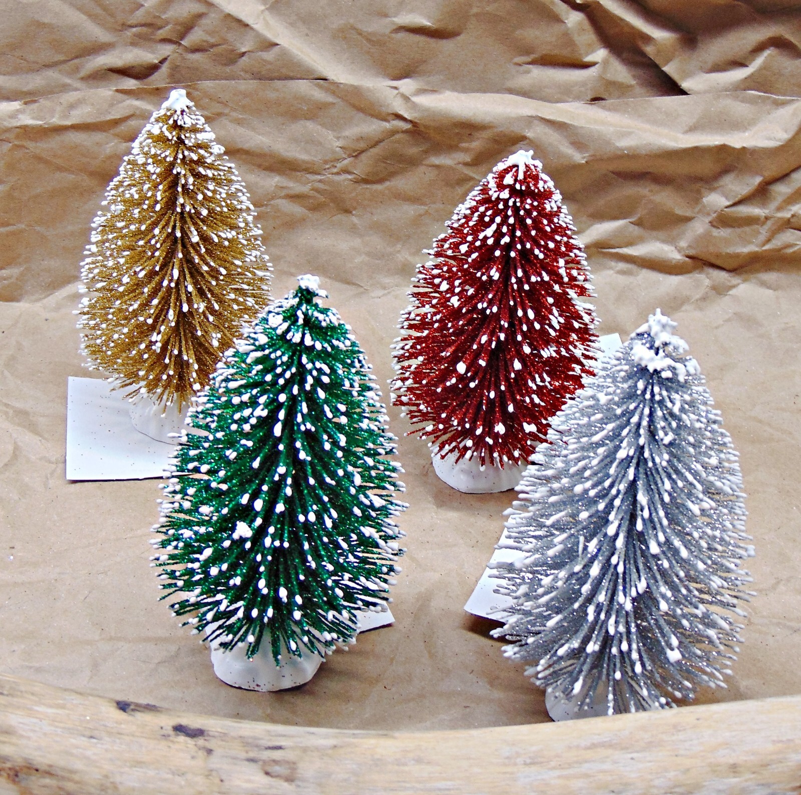 Set 4 Glitter + Snow Frosted Bottle Brush CHRISTMAS Trees 5″ Tall (SIsal style)