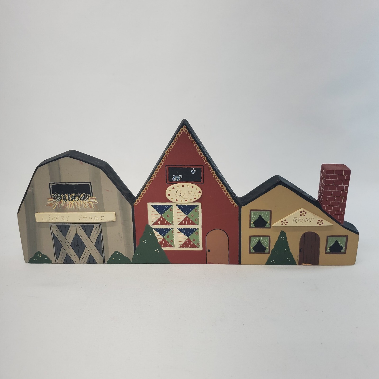 VTG Wood Hand Painted Village Tabletop Decor Livery Stable Quilt Rooms Folk Art