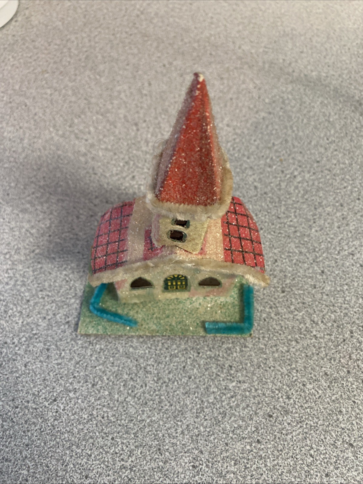 Nice Putz House + 5.5” Tall Glitter Church w/Pipe Cleaner Trim – Needs Some TLC