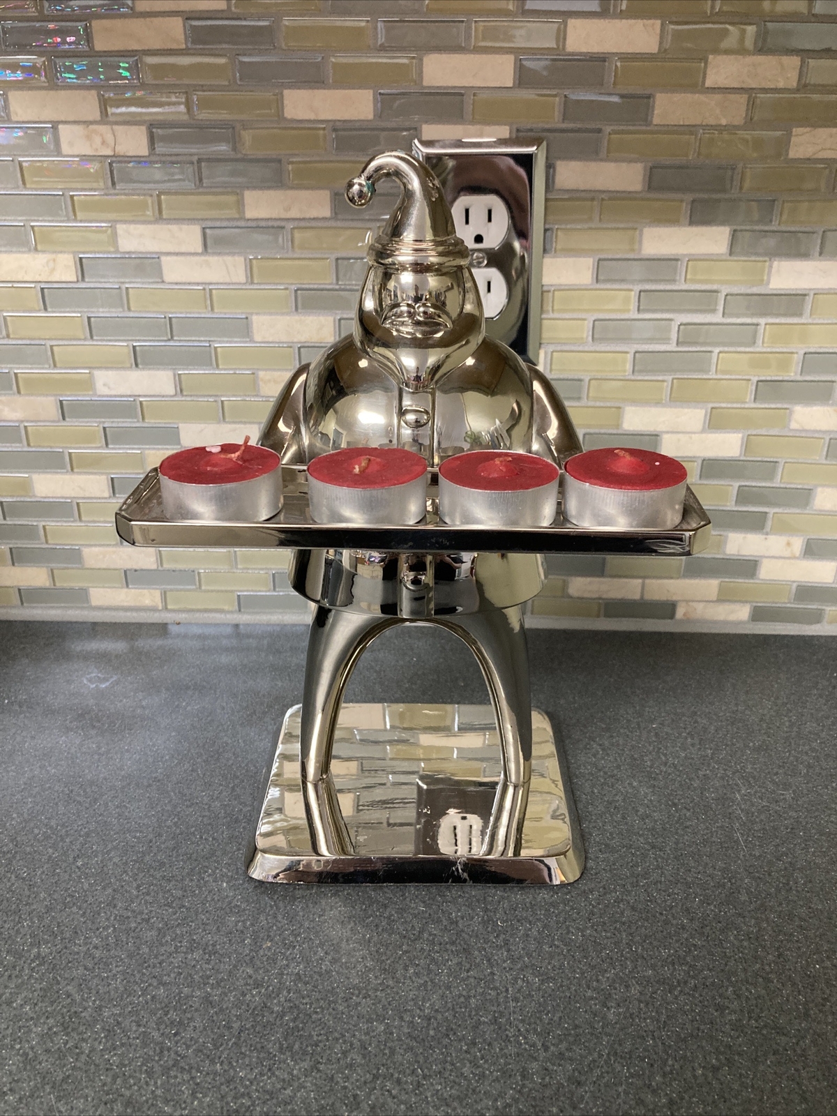 Vintage Cider House Silver Santa POTTERY BARN Christmas 4 Tea Light Holder Decor
