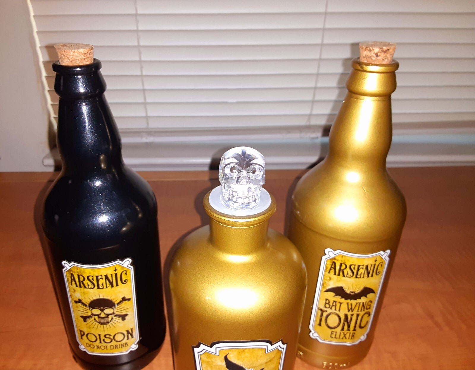 Halloween Decor Apothecary Black & Gold Glass Botttles Jars Set of Three