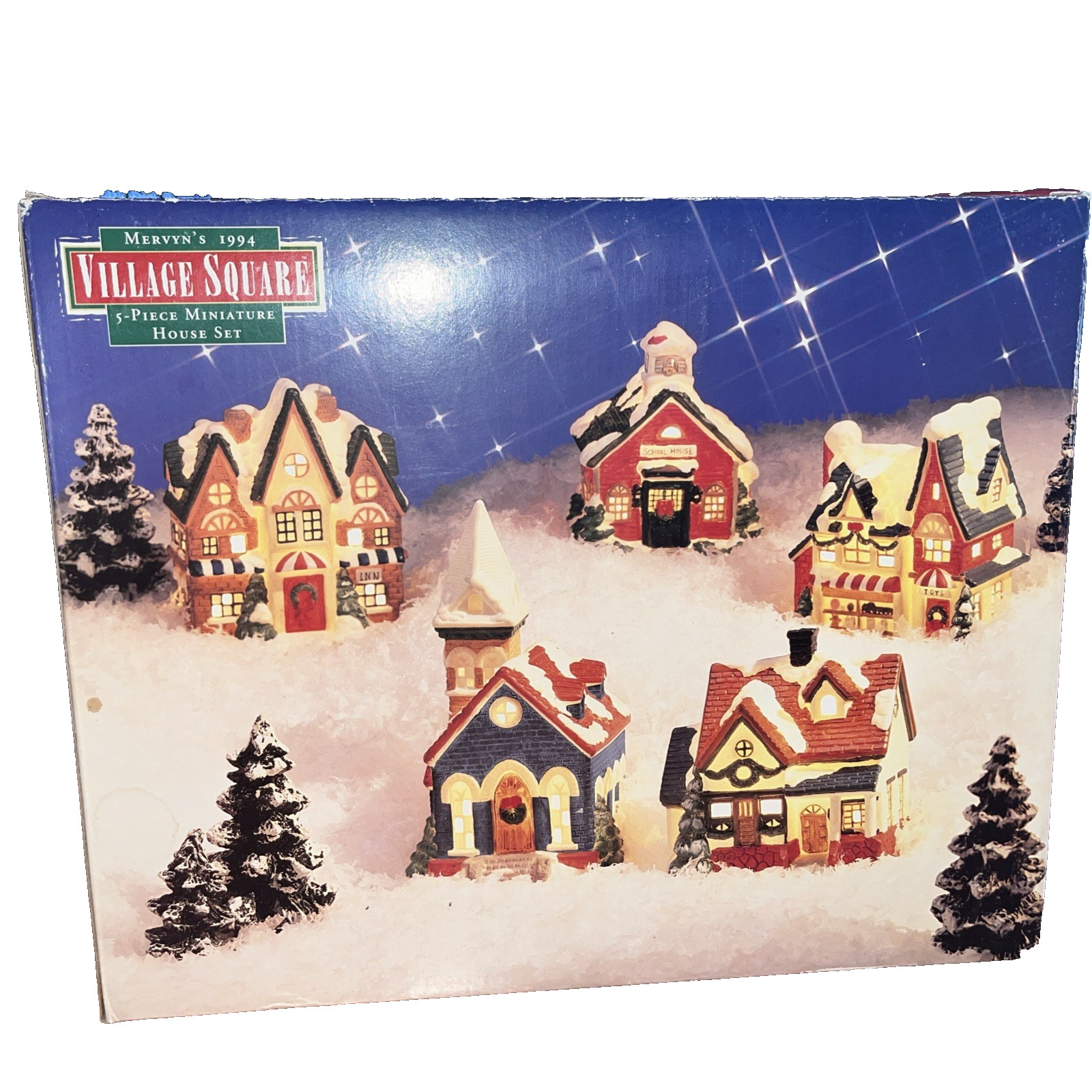 Mervyns 1994 5 piece Miniature lighted village set in box w/ Trees