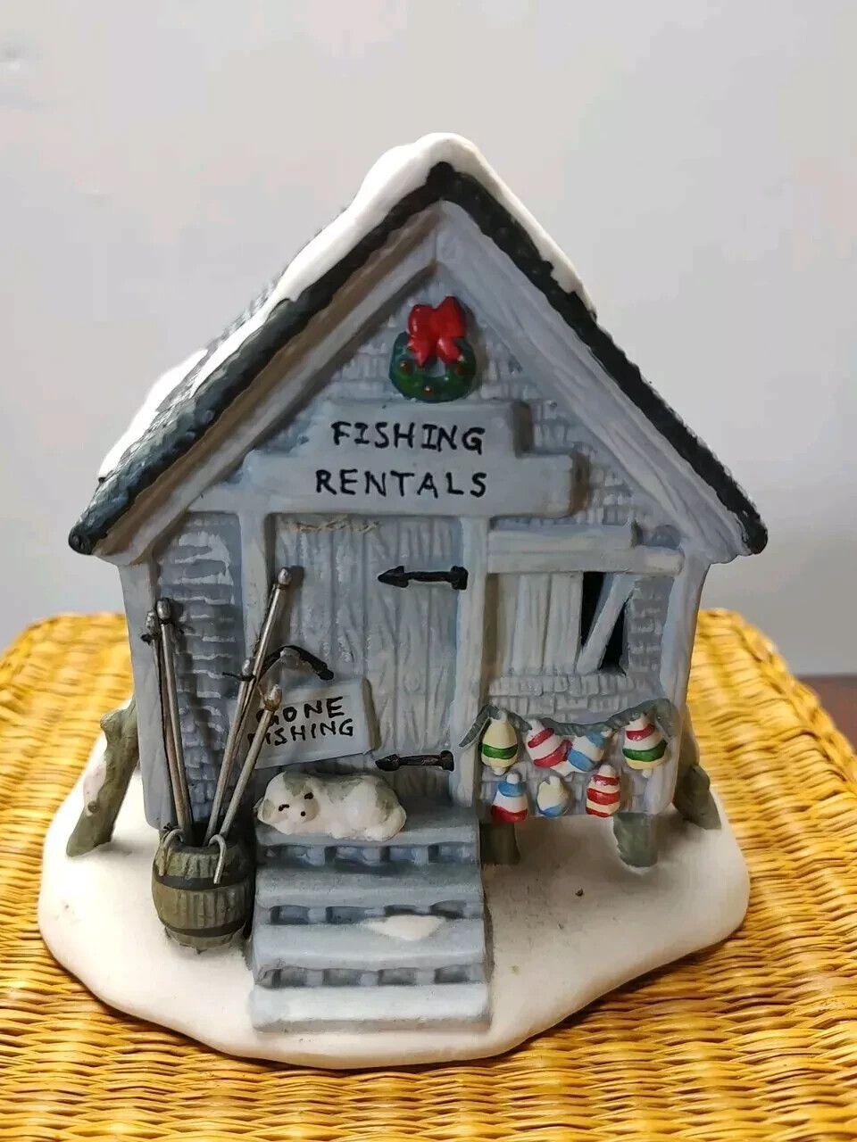 “Fishing Rentals” Village House w/dog on porch & poles Keg Detailed w/cord 107