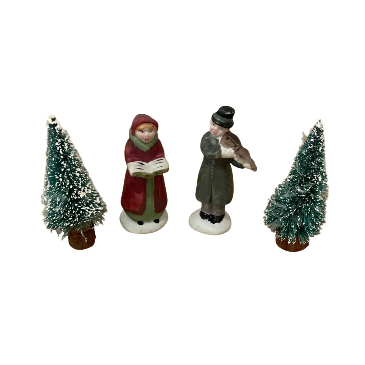 Vintage Lemax Carolers and Snowy Bottlebrush Trees Christmas Village Accessories