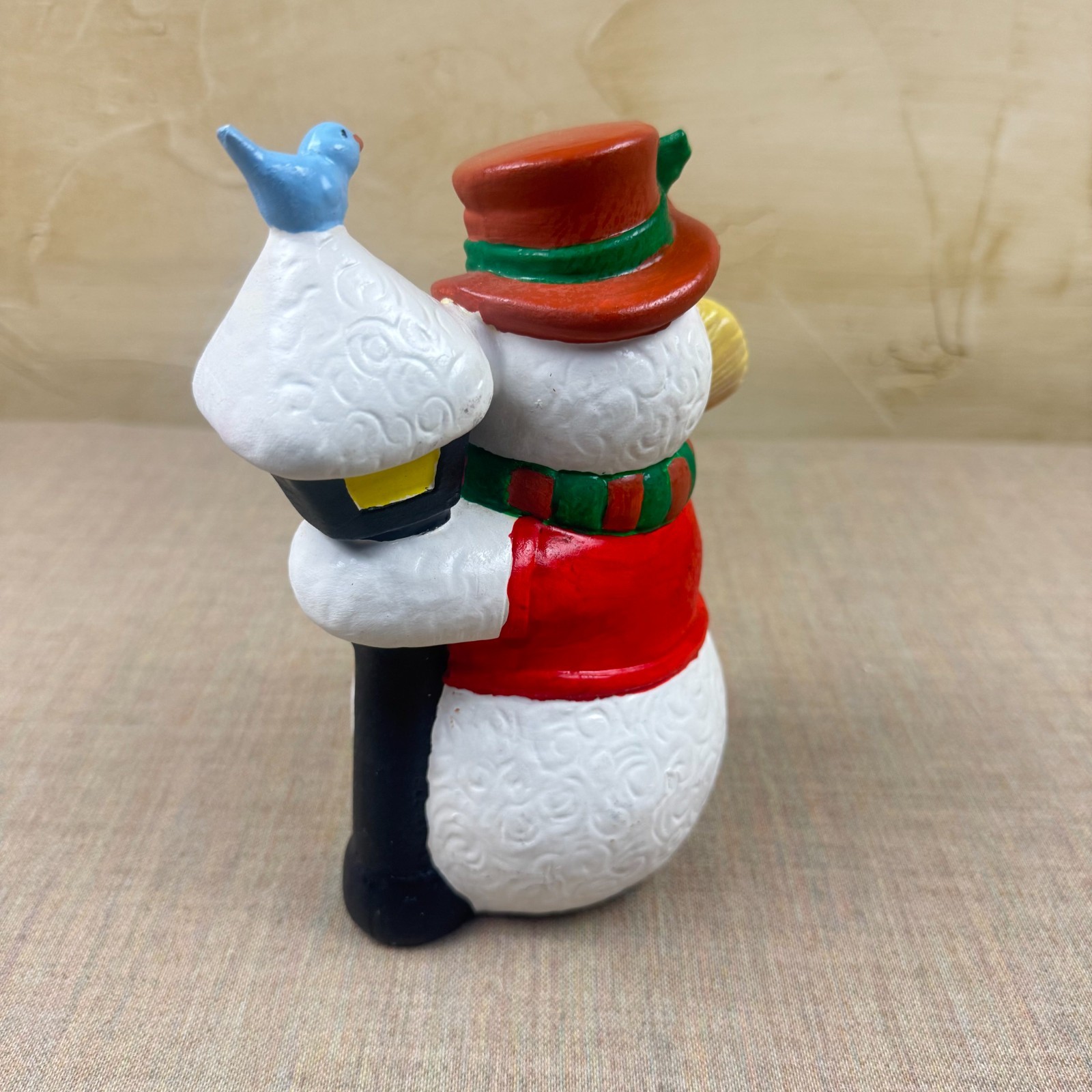 Vintage Snowman Figurine with Lamp Post & Bluebird – Bright Hand-Painted Christm
