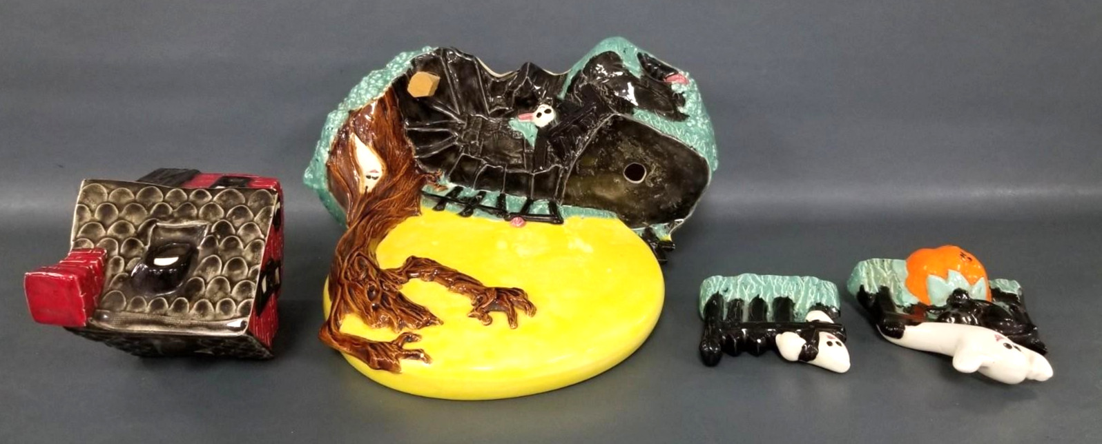 Vintage 4 Pc Ceramic Haunted House Set with Smiling Full Moon Handpainted