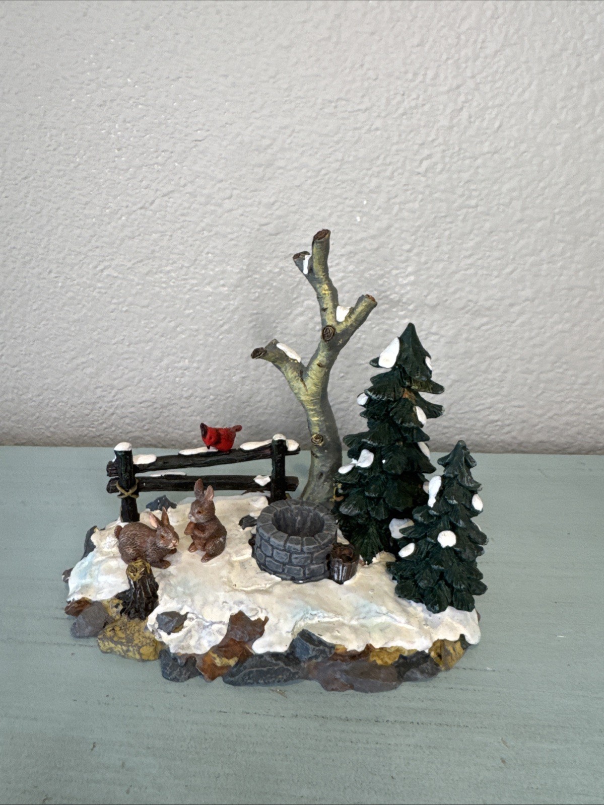 LEMAX Curious Bunnies #13353 Landscape Accent Christmas Village Cardinal & Well