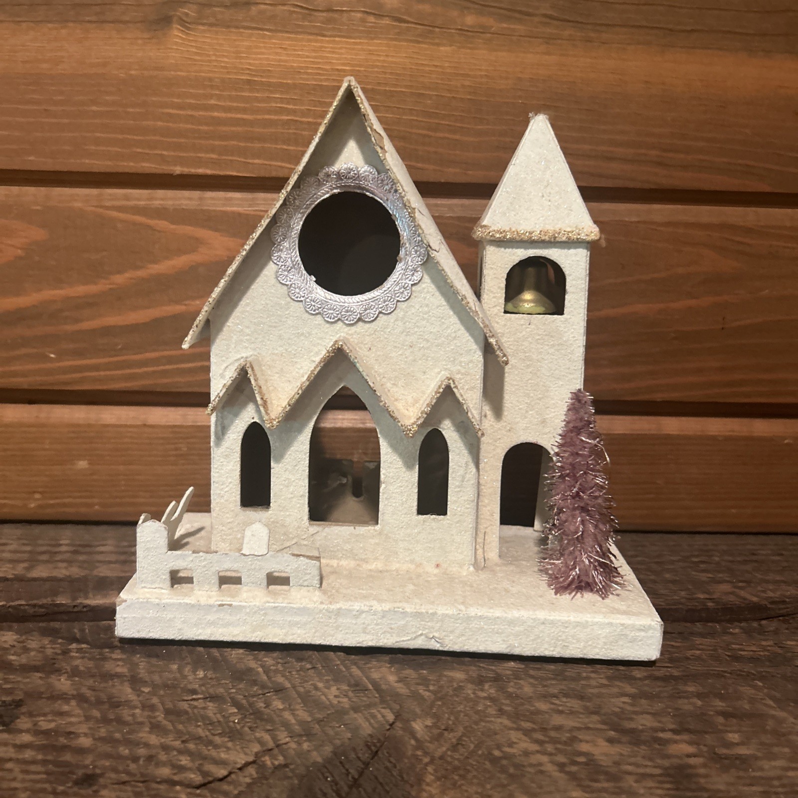 Vintage Putz Japan Cardboard Christmas Village Church with Steeple & Bell (V10)