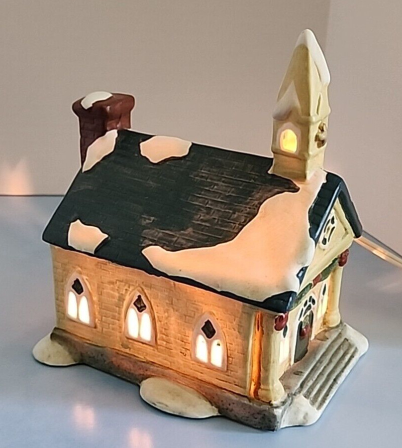 Vintage Christmas Porcelain Lighted Village Church 7 1/4″ x 6 1/2″ x 5 1/4”