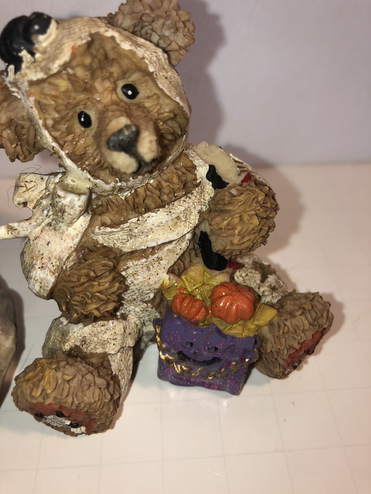 Vintage Bear With Pumpkin Collection Halloween Figurines Lot Of 2 Fun Fall Decor