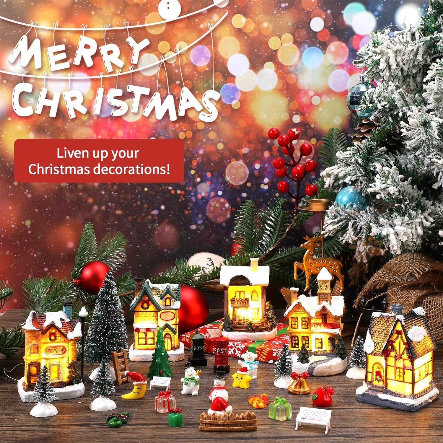 Barydat 60 Pcs Christmas Village Figurines Decor Set Led Lighted Mini Xmas