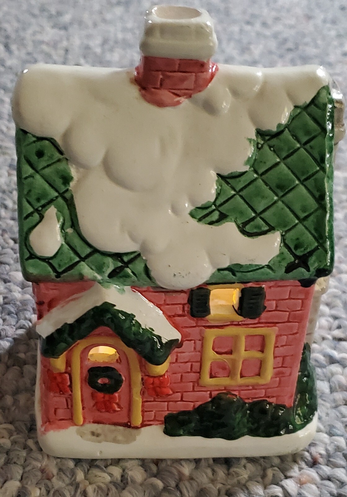 Christmas Village Tea Light House Red Snow Ceramic 3 side design w/Chimney 5.5”