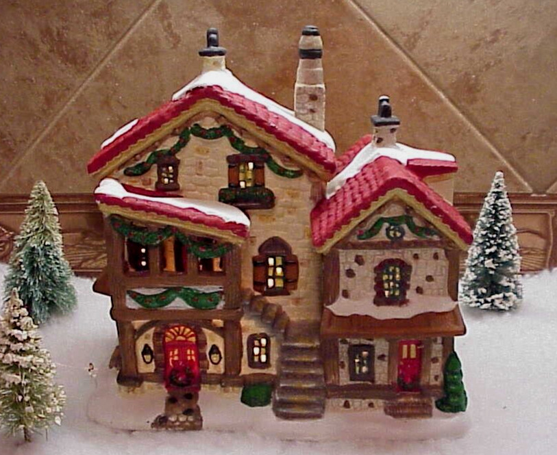 Vintage Village Lighted Building Village Red Roof Snow 7 1/2″ T Light Christmas