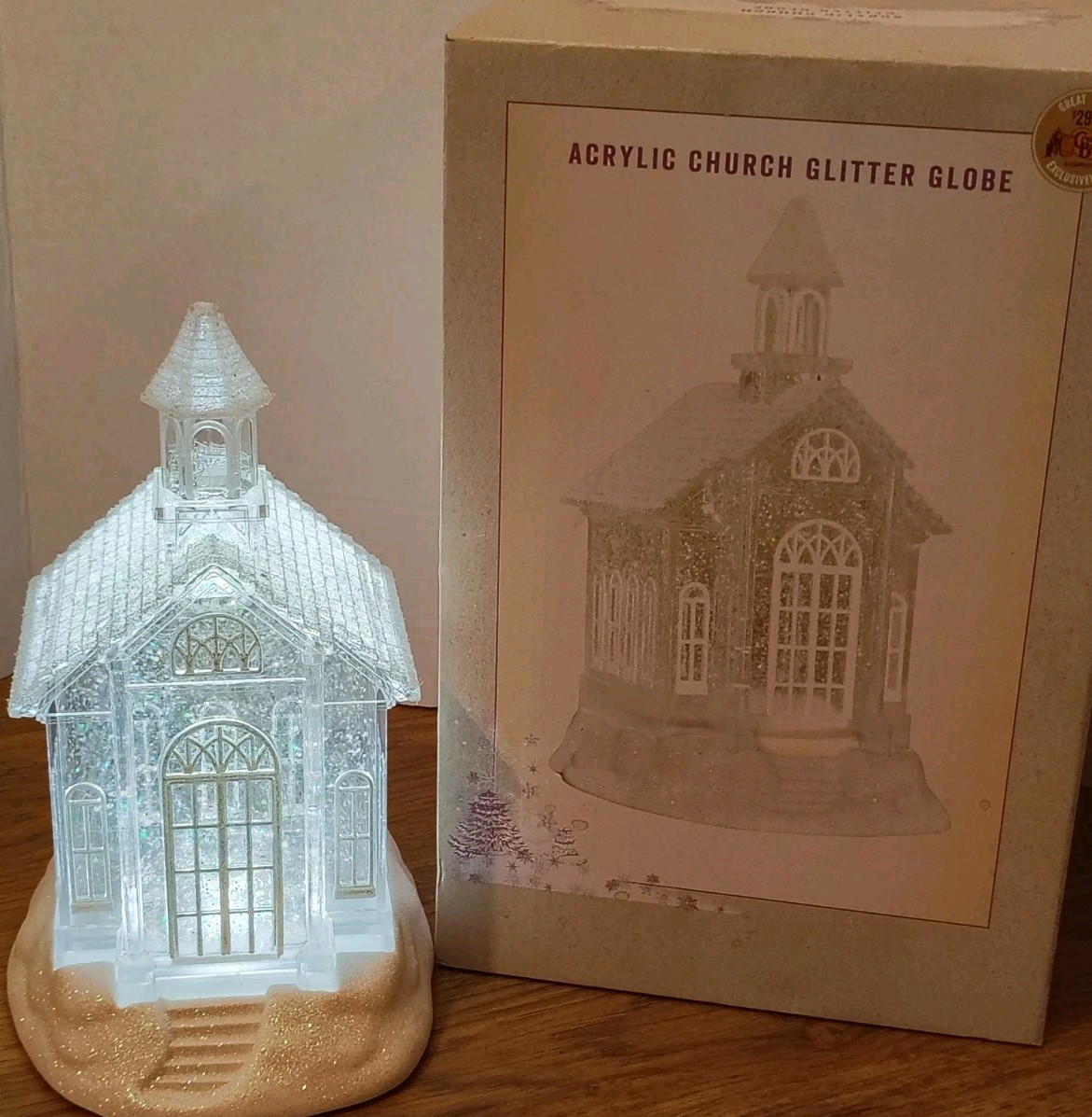 NIB Cracker Barrel Lighted Acrylic Church Holographic Glitter Globe Christmas