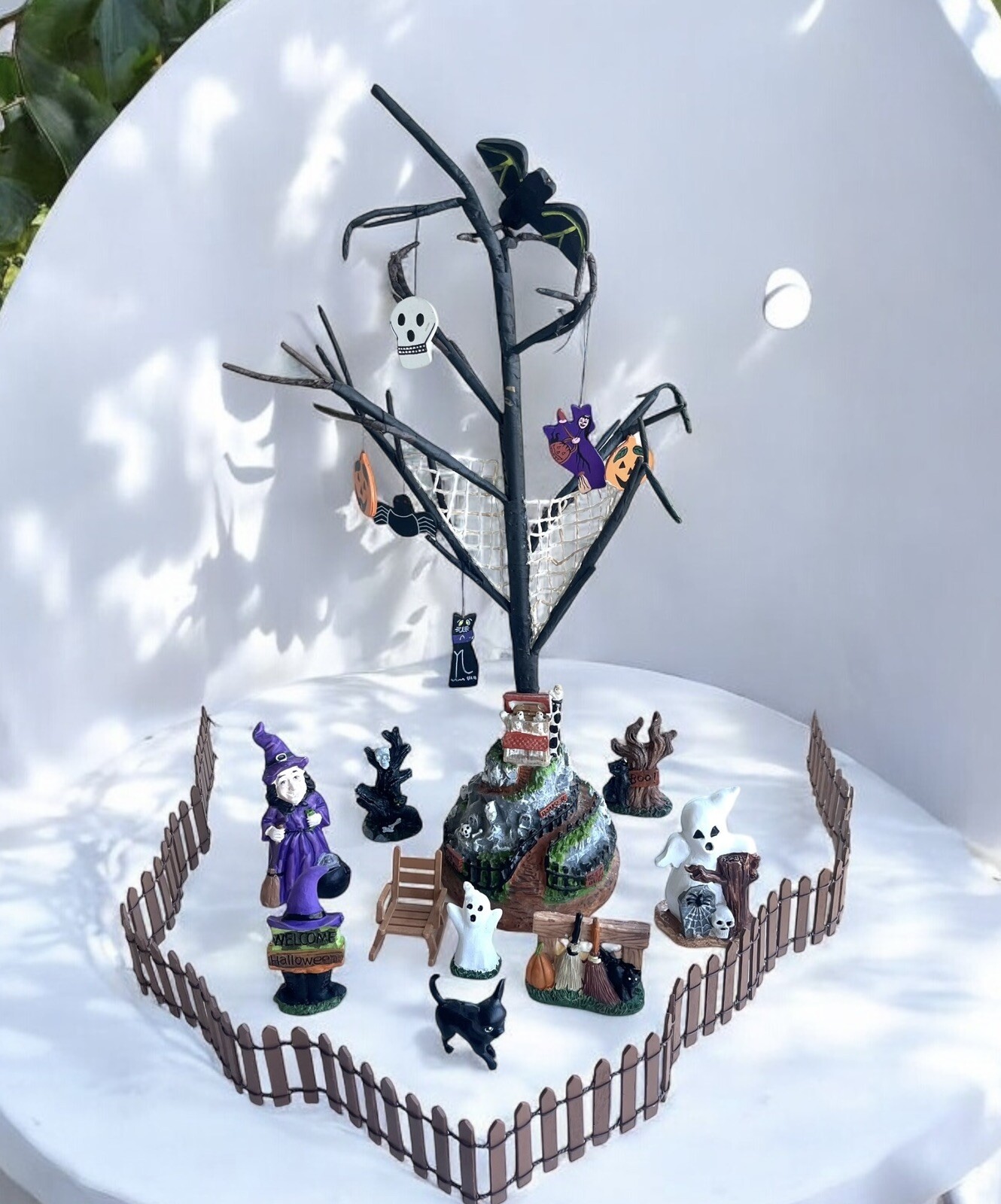 Halloween Village Witch Ghost Cat Tree Village Fence Spooky Decor Vintage Whimsy