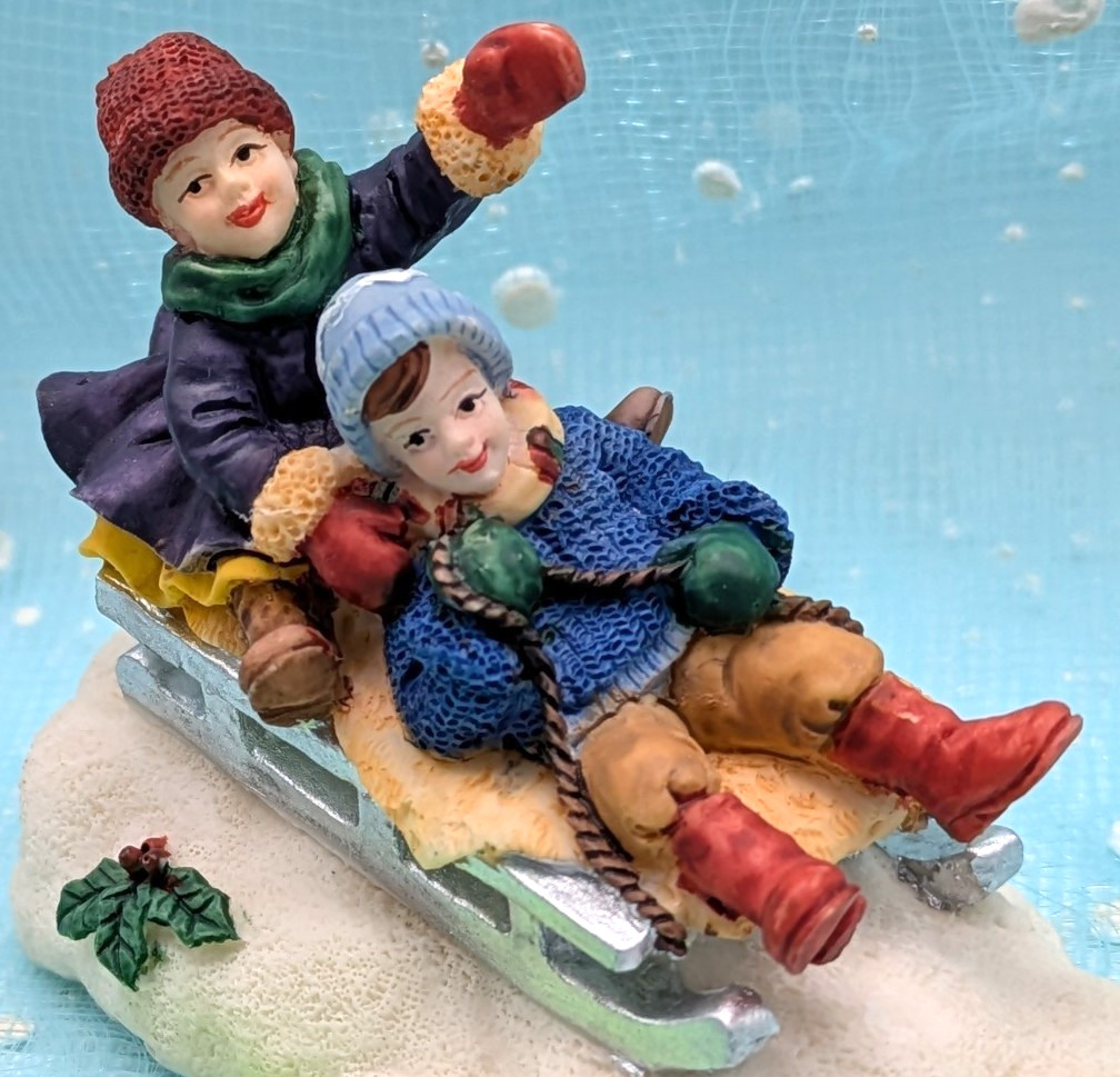 Sledding children boy girl sled Christmas Village Figurine NO BOX INV617