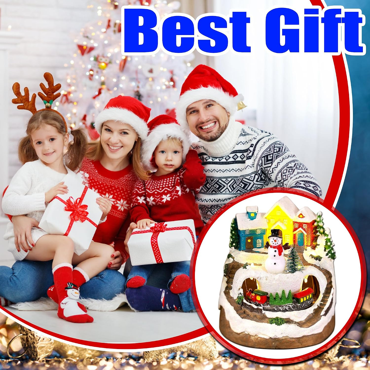 Musical Christmas Village Houses with LED Light & Rotating Train, Ornaments Cent
