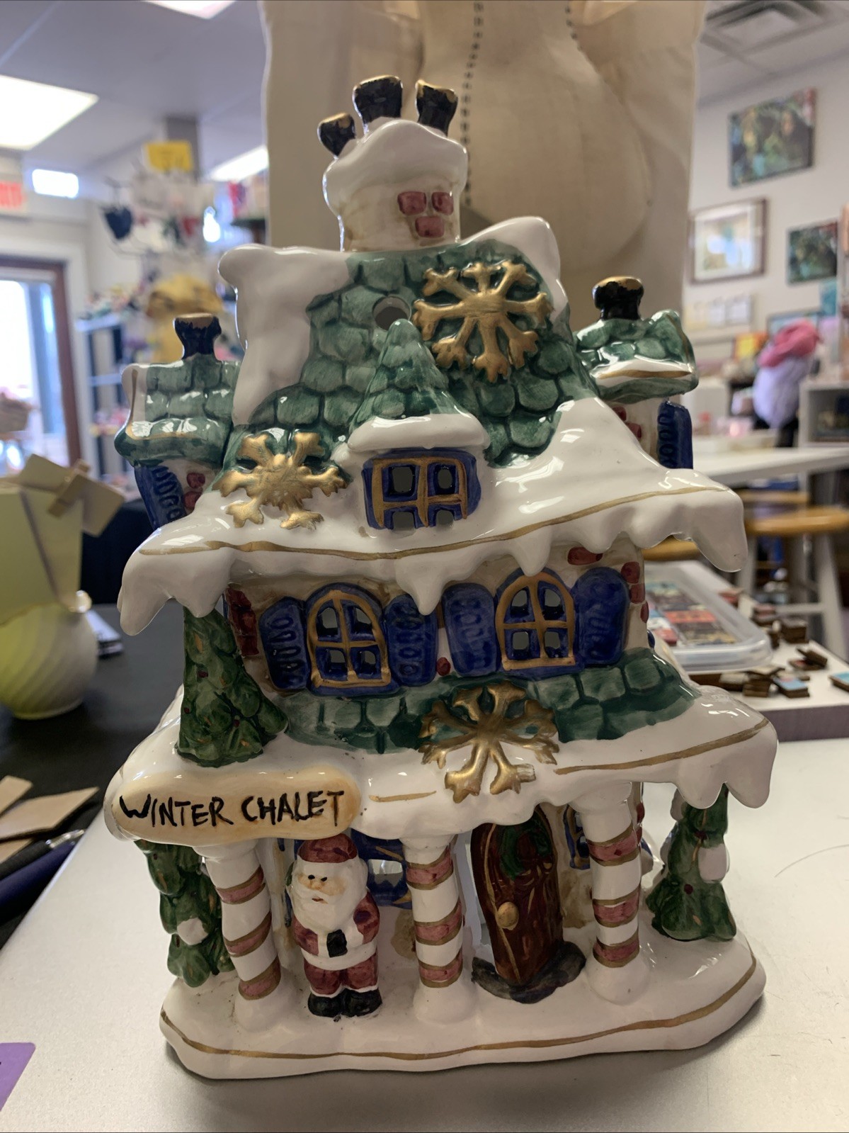 Vintage Kmart Christmas Winter Chalet Votive with Santa standing outside